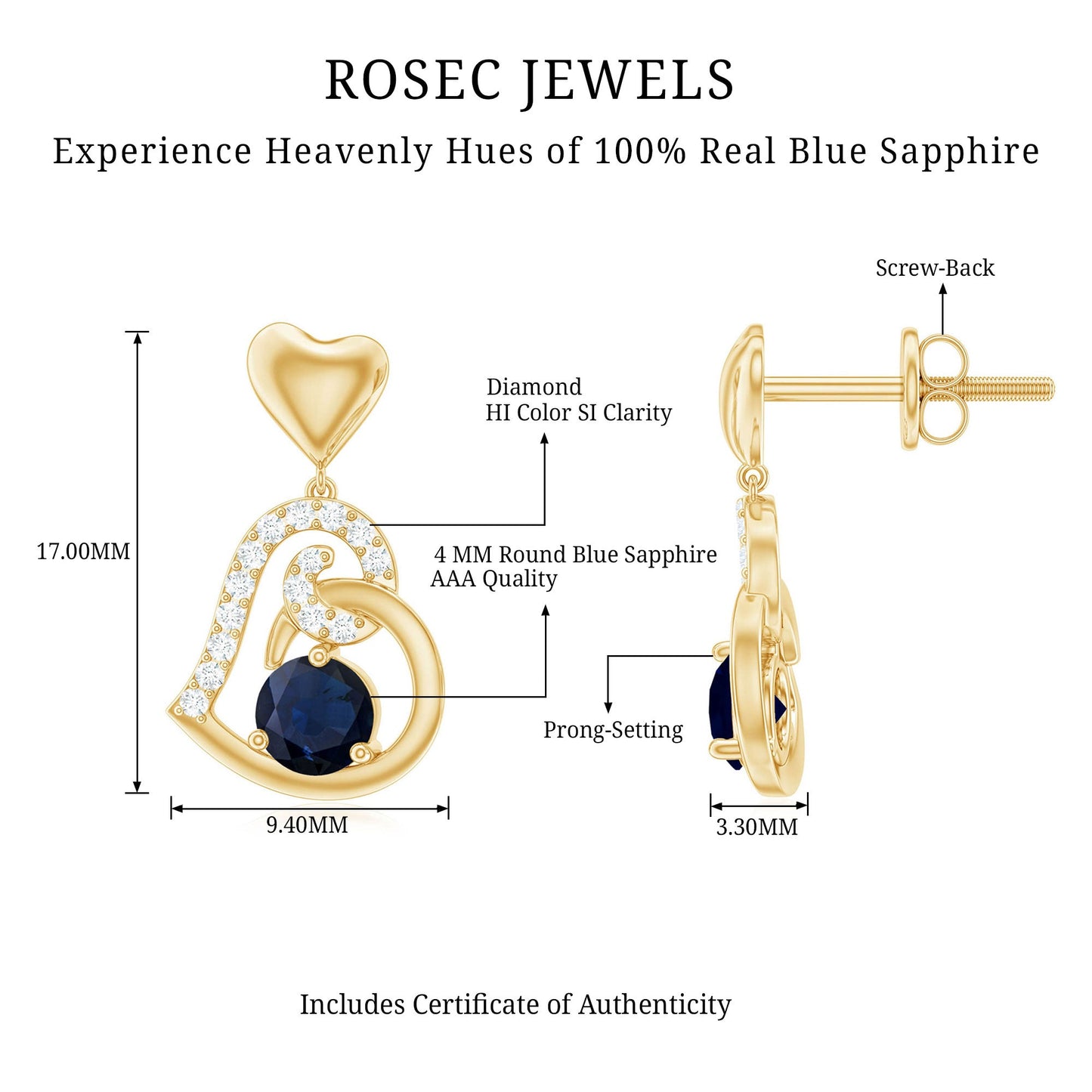 Real 0.8 Carat Blue Sapphire and Diamond Dangling Earrings