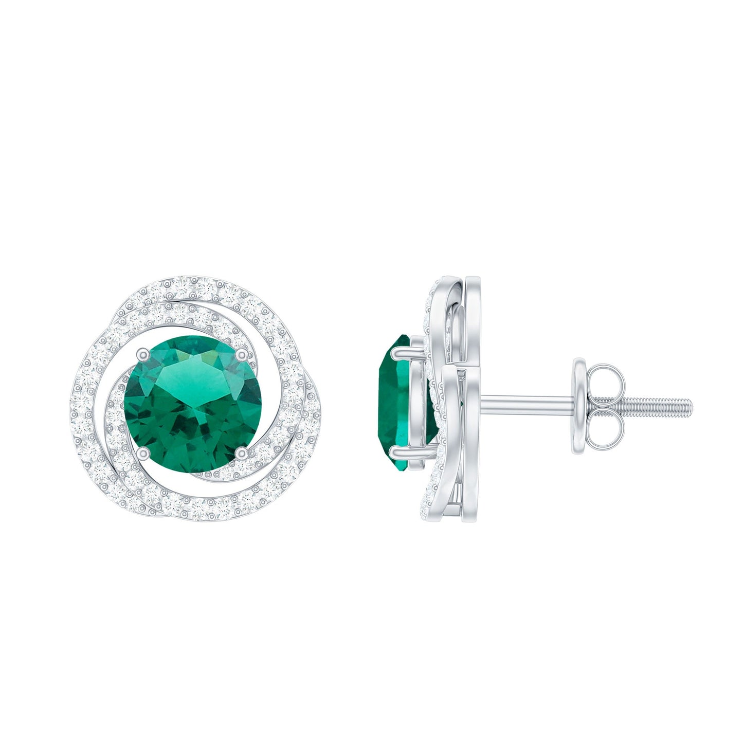 Lab Created Emerald and Diamond Spiral Stud Earrings
