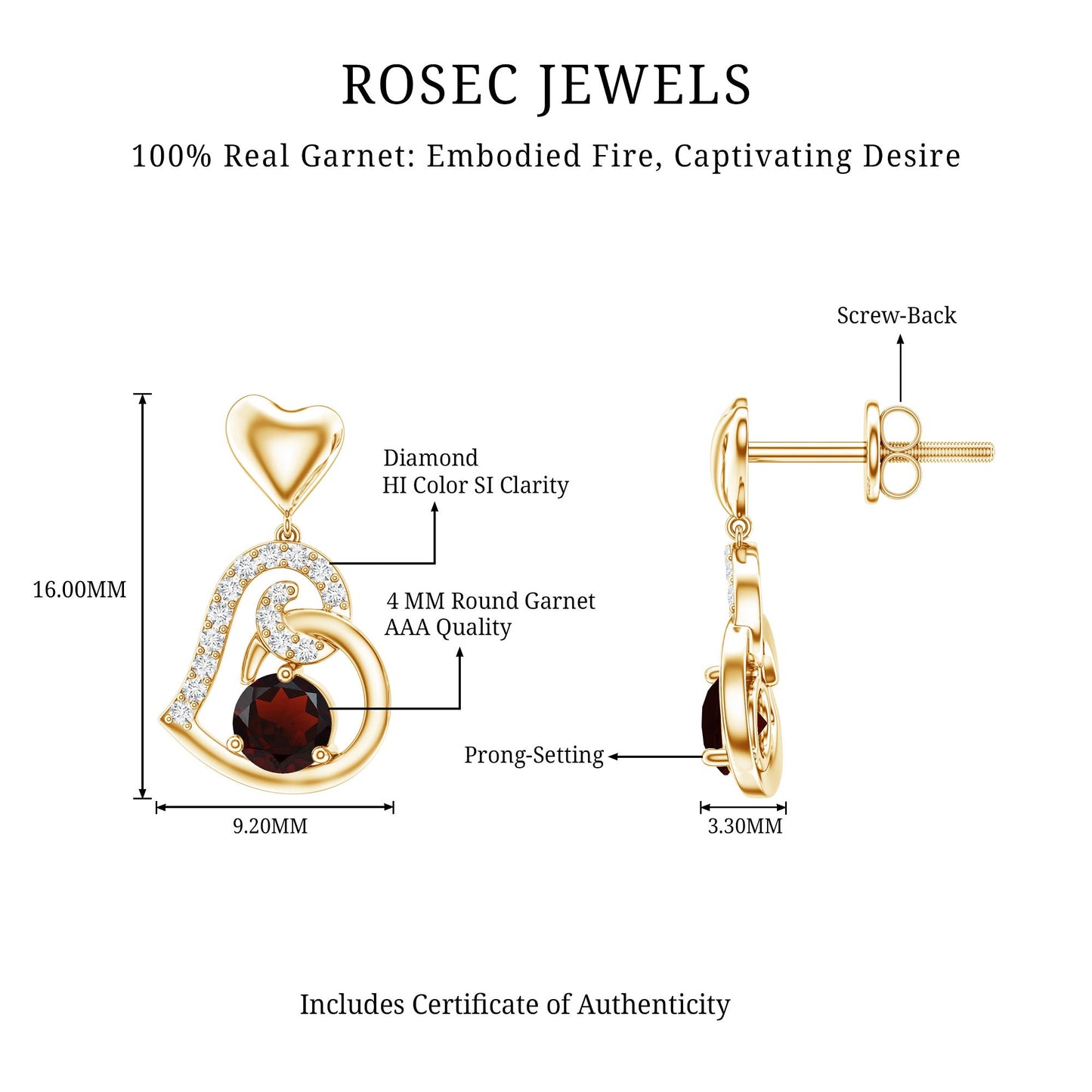 Garnet Heart Drop Earrings with Diamond Accent