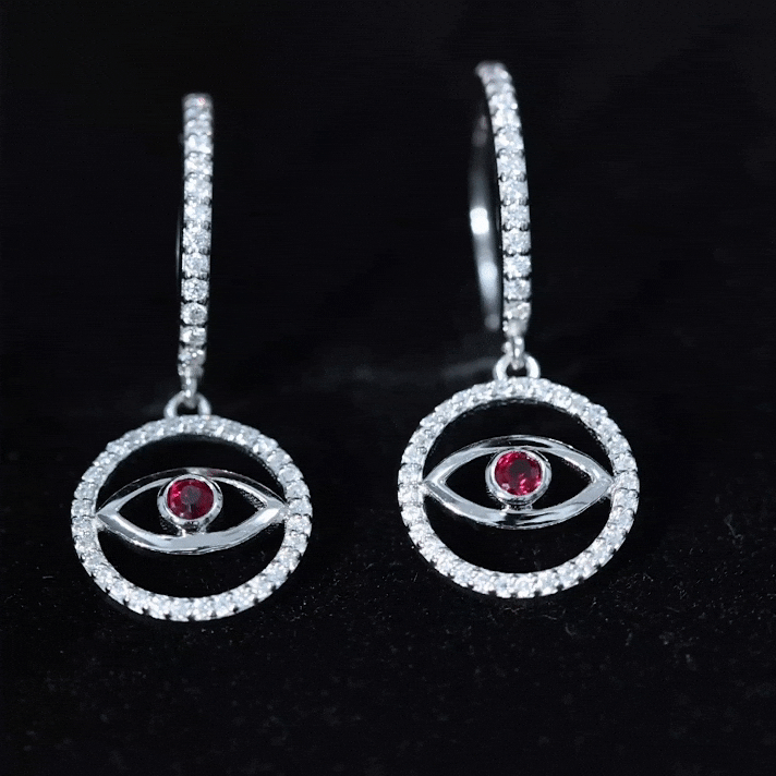 Lab Created Ruby and Moissanite Evil Eye Hoop Drop Earrings