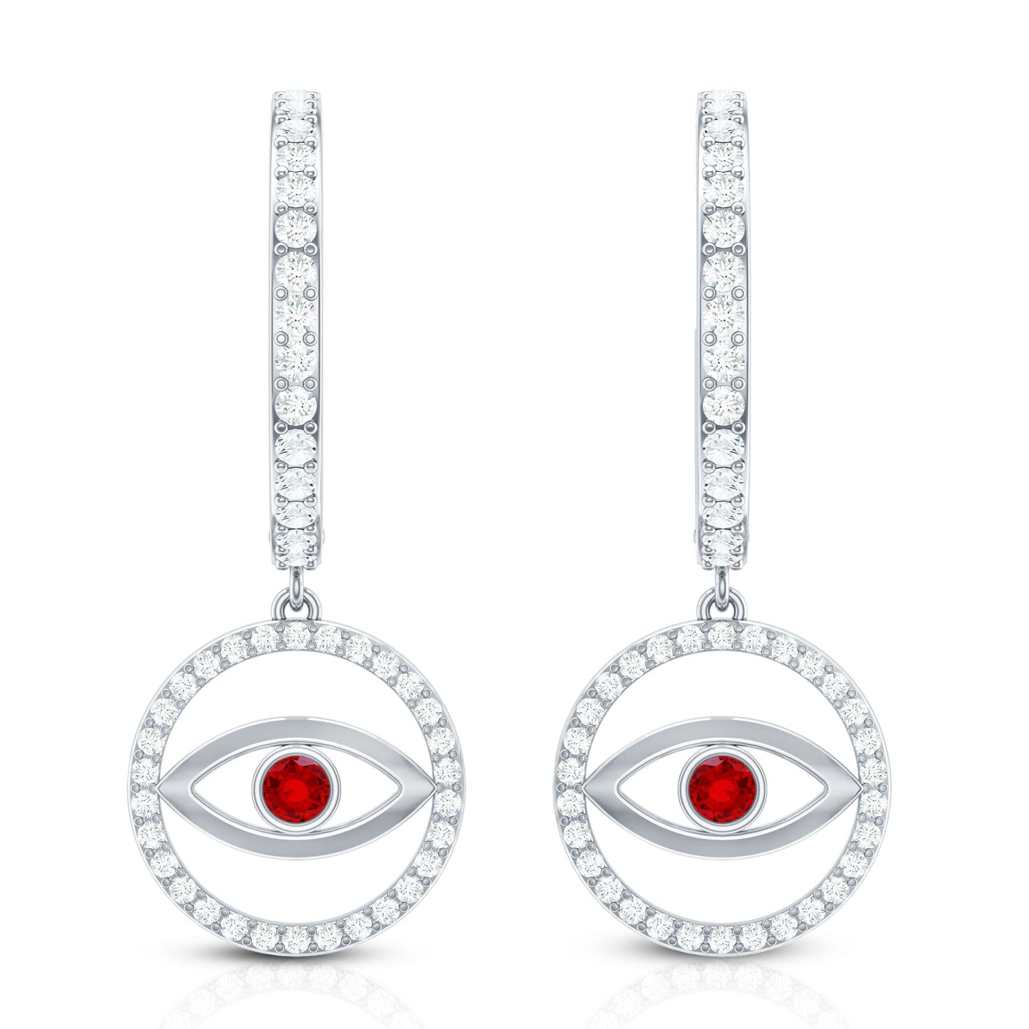 Lab Created Ruby and Moissanite Evil Eye Hoop Drop Earrings