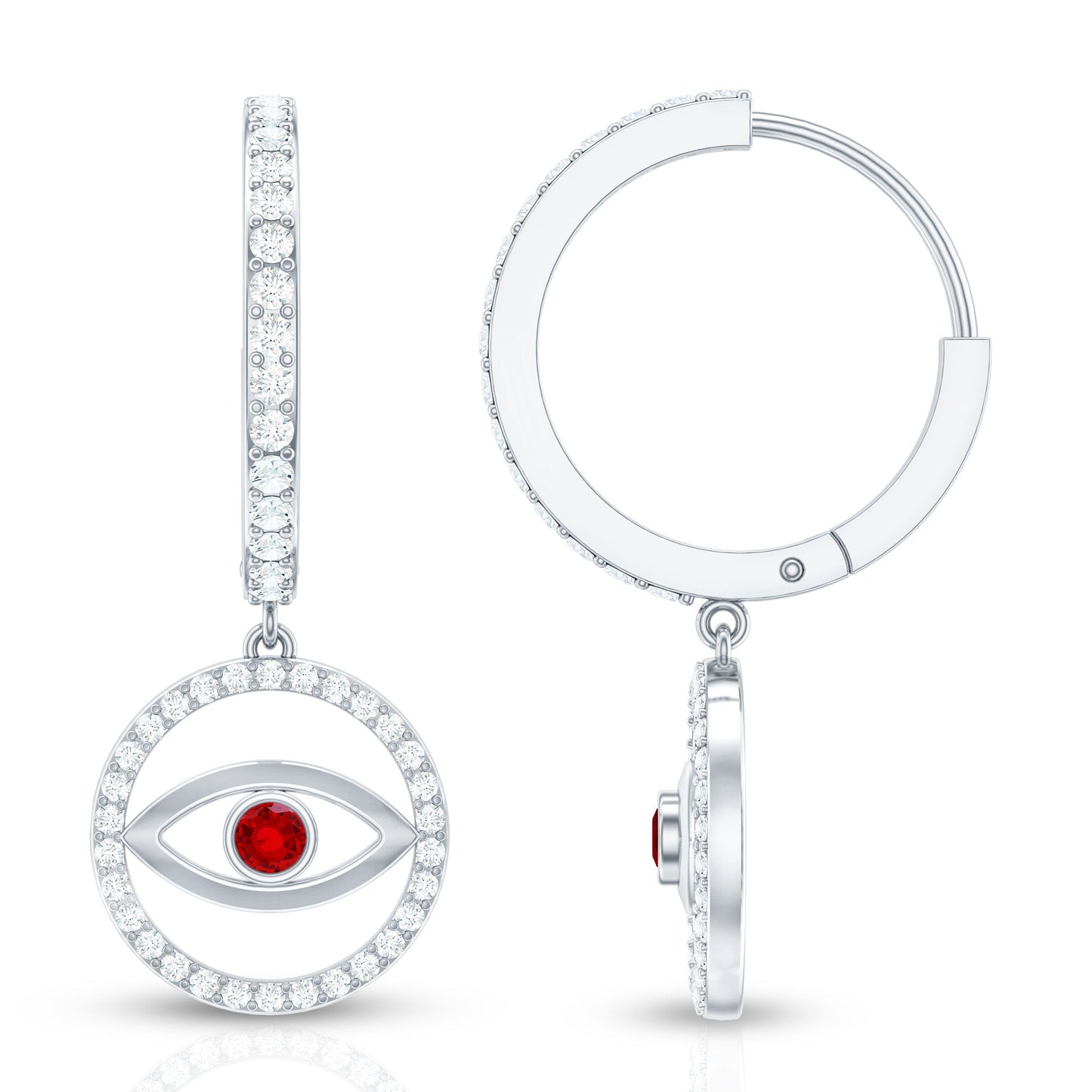 Lab Created Ruby and Moissanite Evil Eye Hoop Drop Earrings