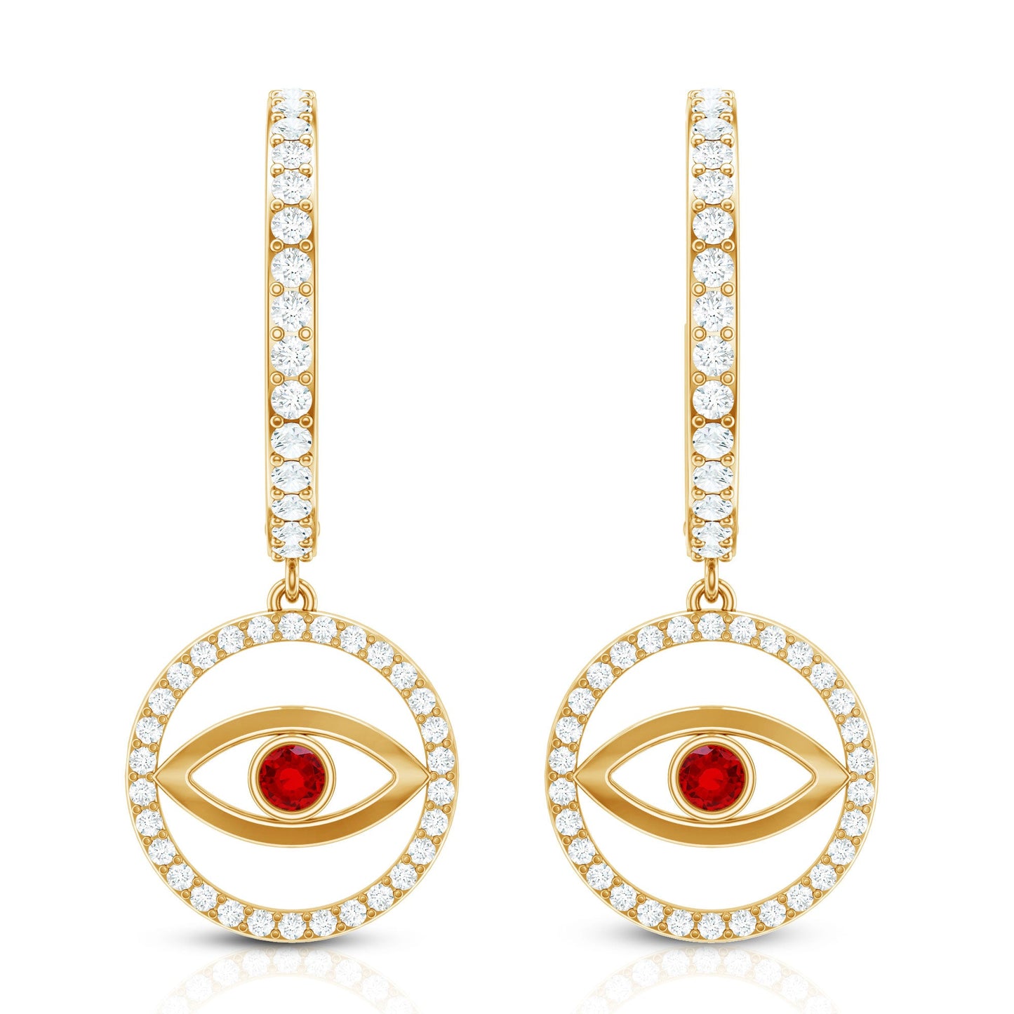 Lab Created Ruby and Moissanite Evil Eye Hoop Drop Earrings