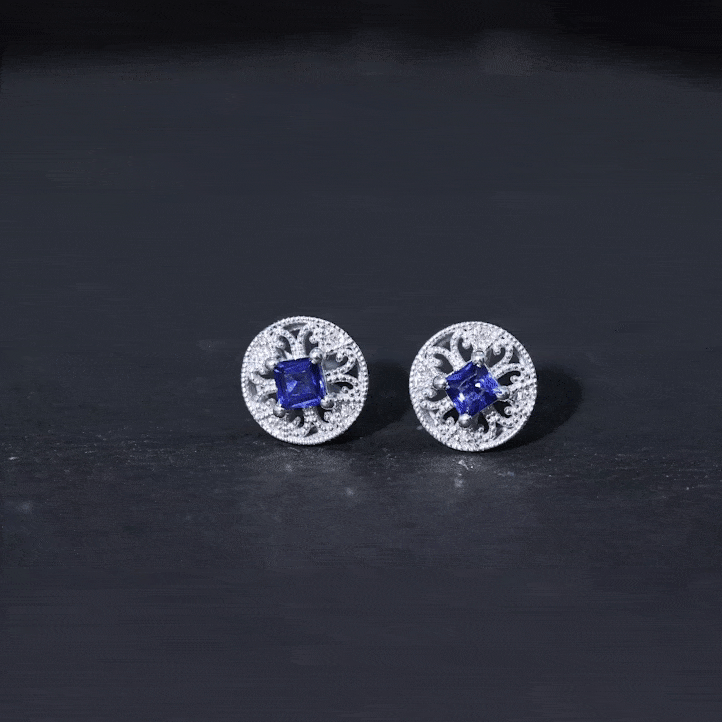 Antique Inspired Blue Sapphire and Diamond Stud Earrings