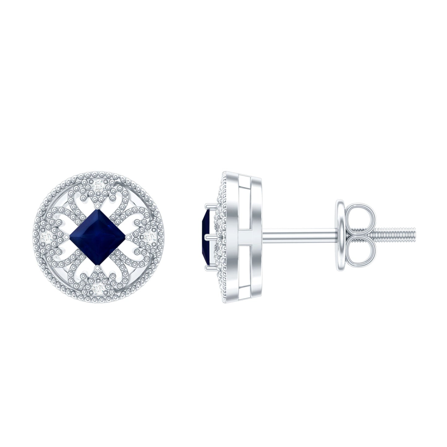 Antique Inspired Blue Sapphire and Diamond Stud Earrings