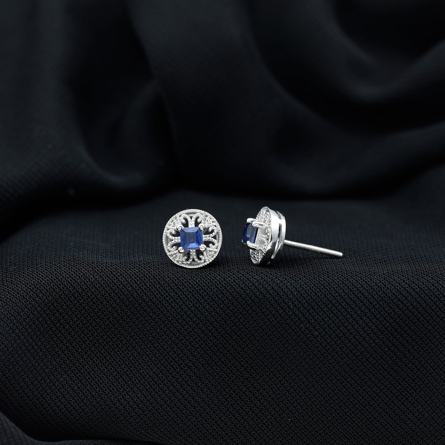Antique Inspired Blue Sapphire and Diamond Stud Earrings