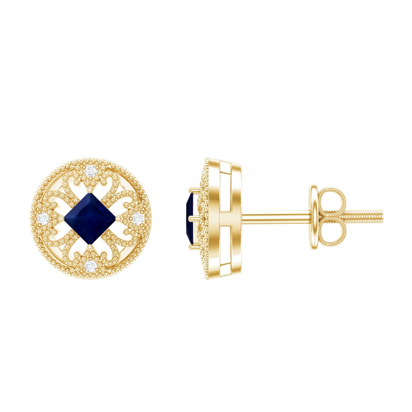Antique Inspired Blue Sapphire and Diamond Stud Earrings