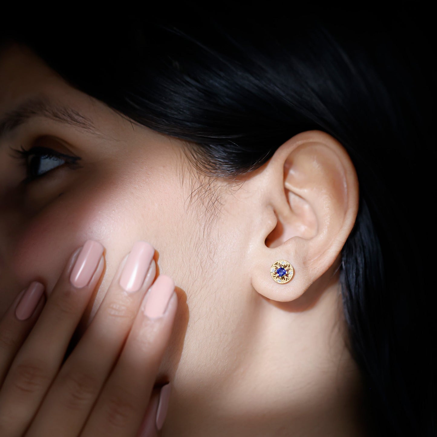 Antique Inspired Blue Sapphire and Diamond Stud Earrings