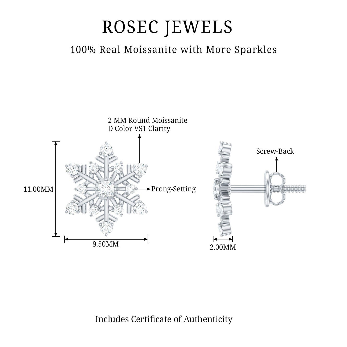 Certified Moissanite Snowflake Stud Earrings For Christmas