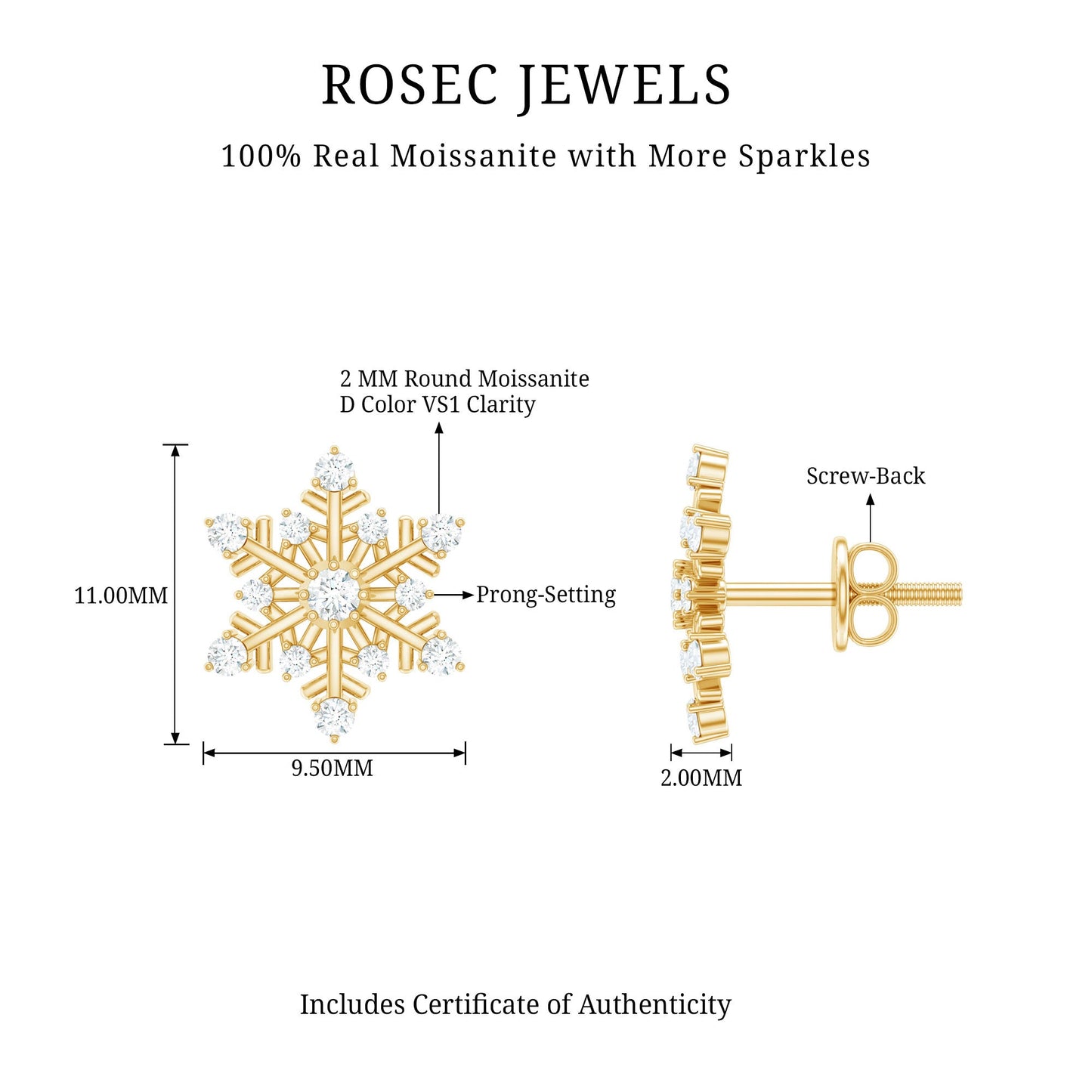 Certified Moissanite Snowflake Stud Earrings For Christmas