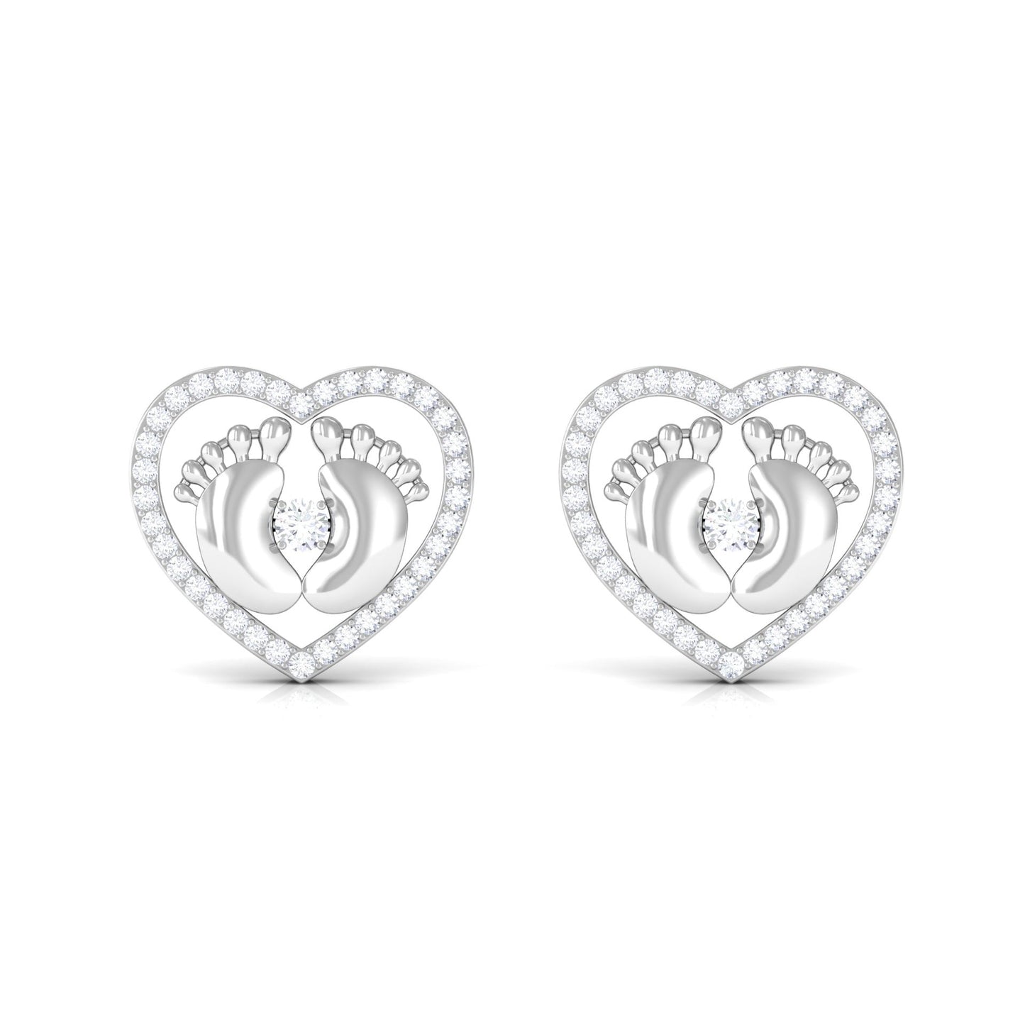 Diamond Heart Stud Earrings with Baby Feet