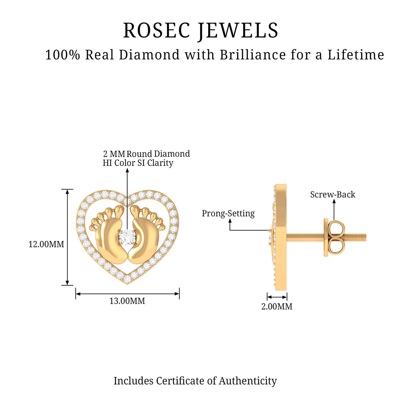 Diamond Heart Stud Earrings with Baby Feet