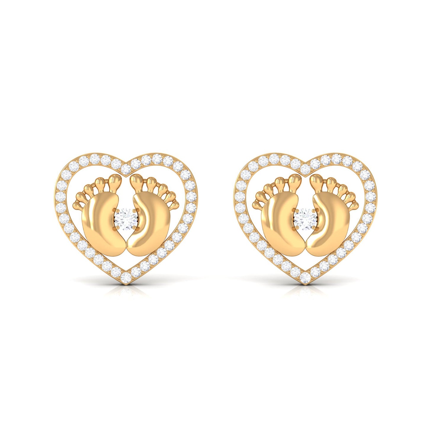 Diamond Heart Stud Earrings with Baby Feet