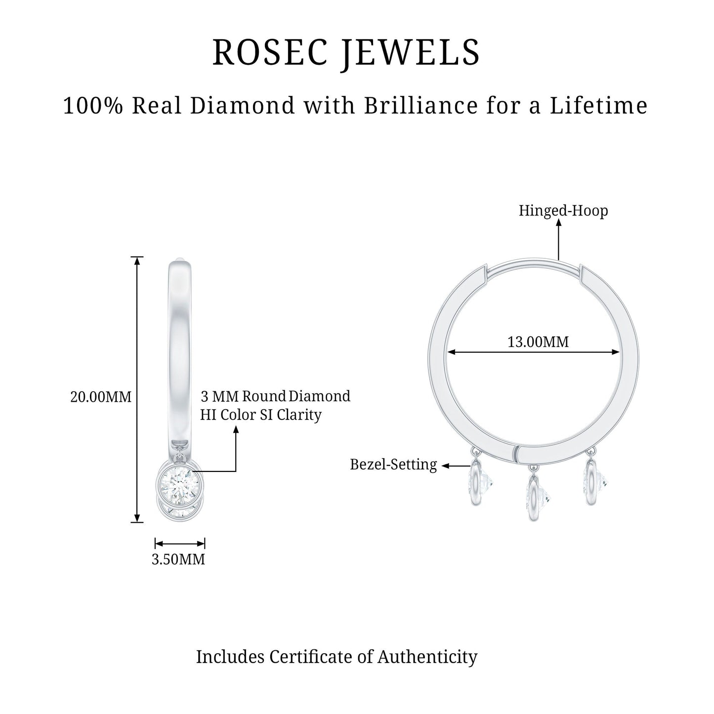 Natural 3 Stone Diamond Drop Hoop Earrings