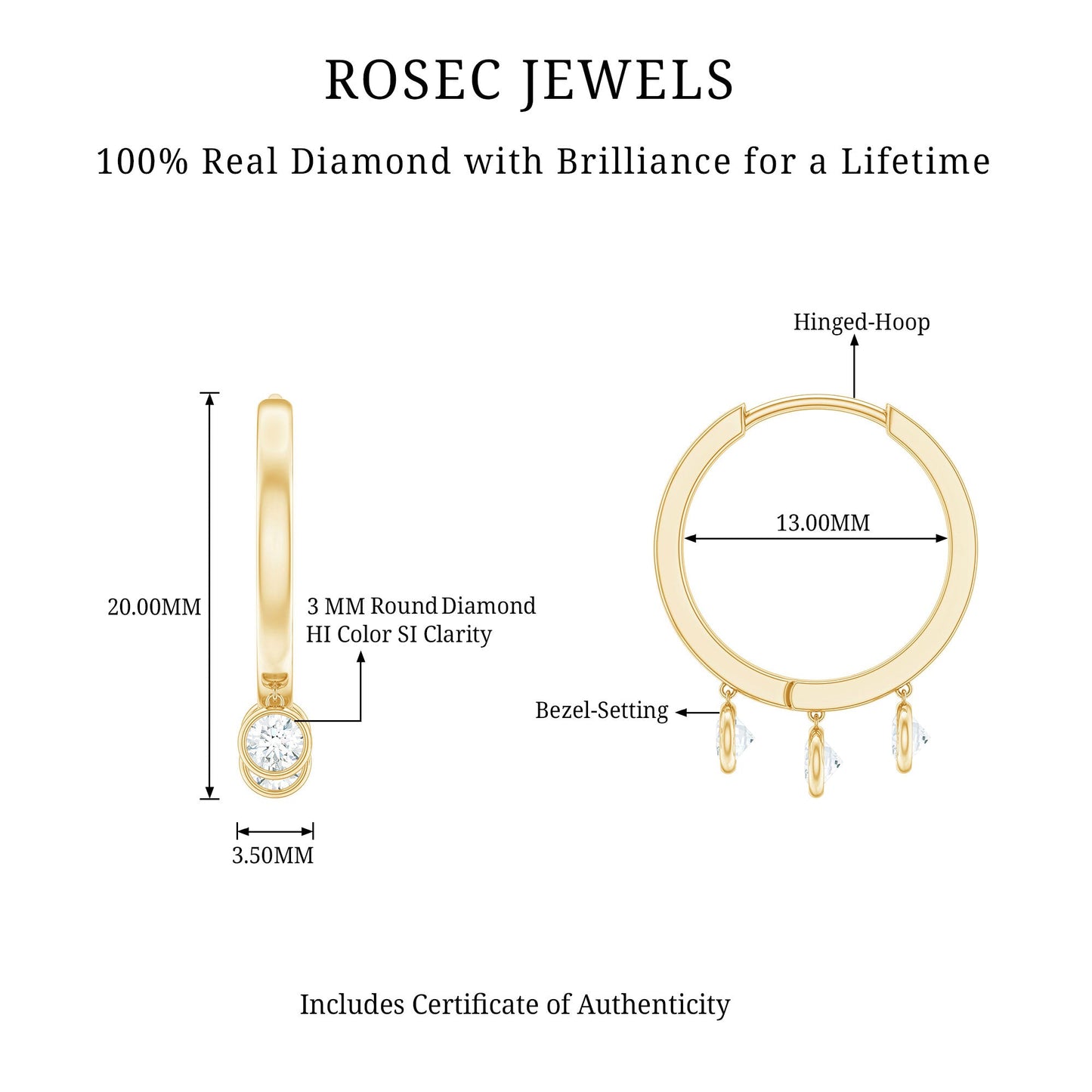 Natural 3 Stone Diamond Drop Hoop Earrings