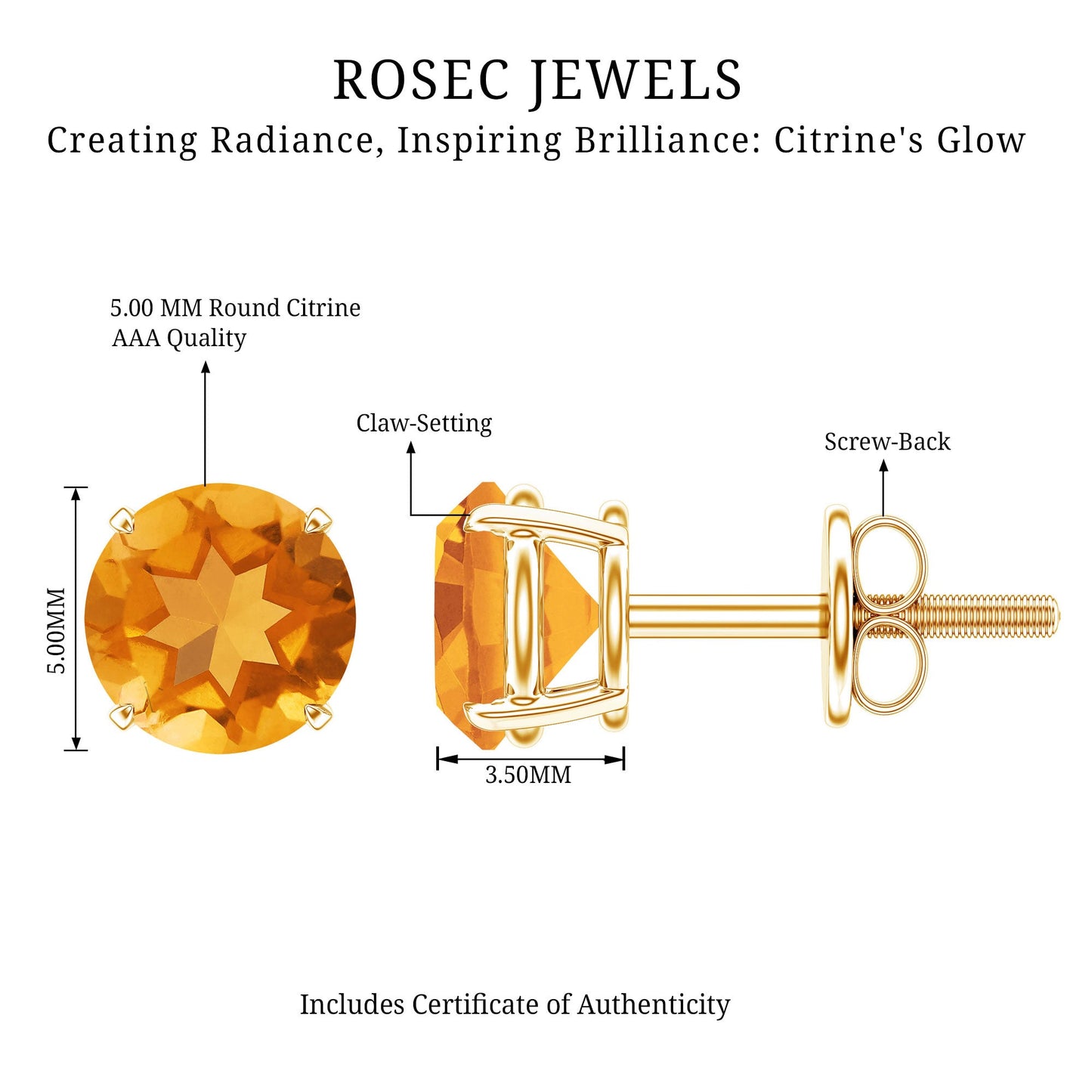 1 CT Round Cut Citrine Solitaire Stud Earrings with Certificate
