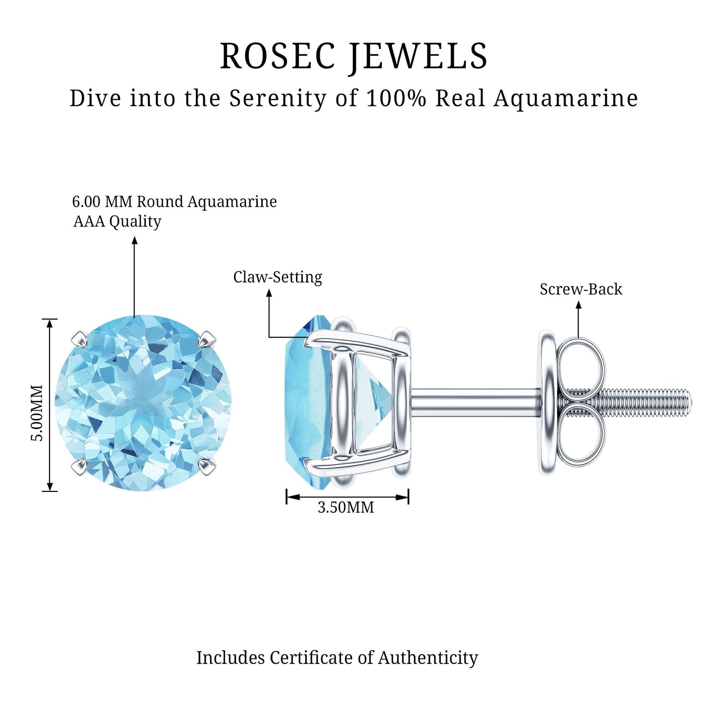 Certified Natural Aquamarine Everyday Earrings with Screw Back