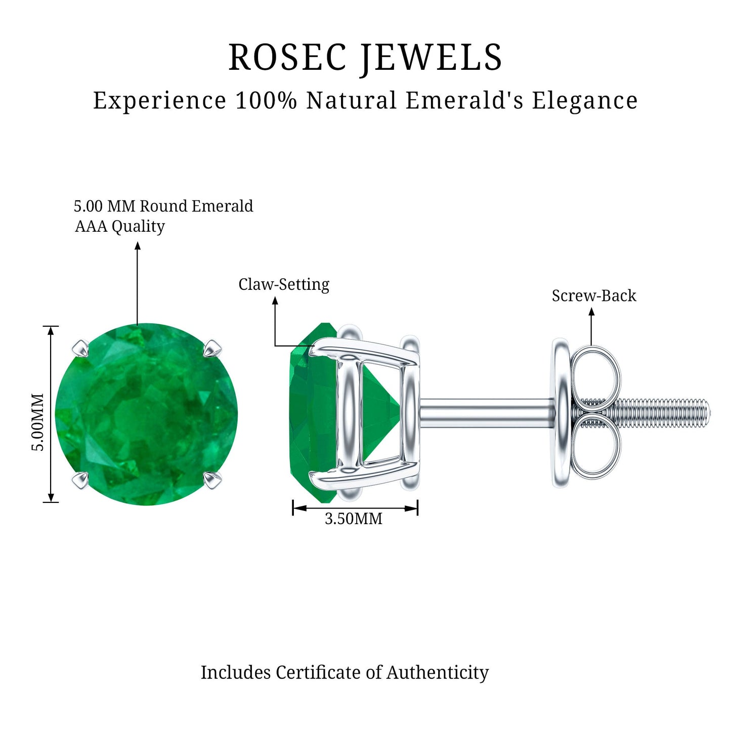 Natural Emerald Stud Earrings with Screw Back