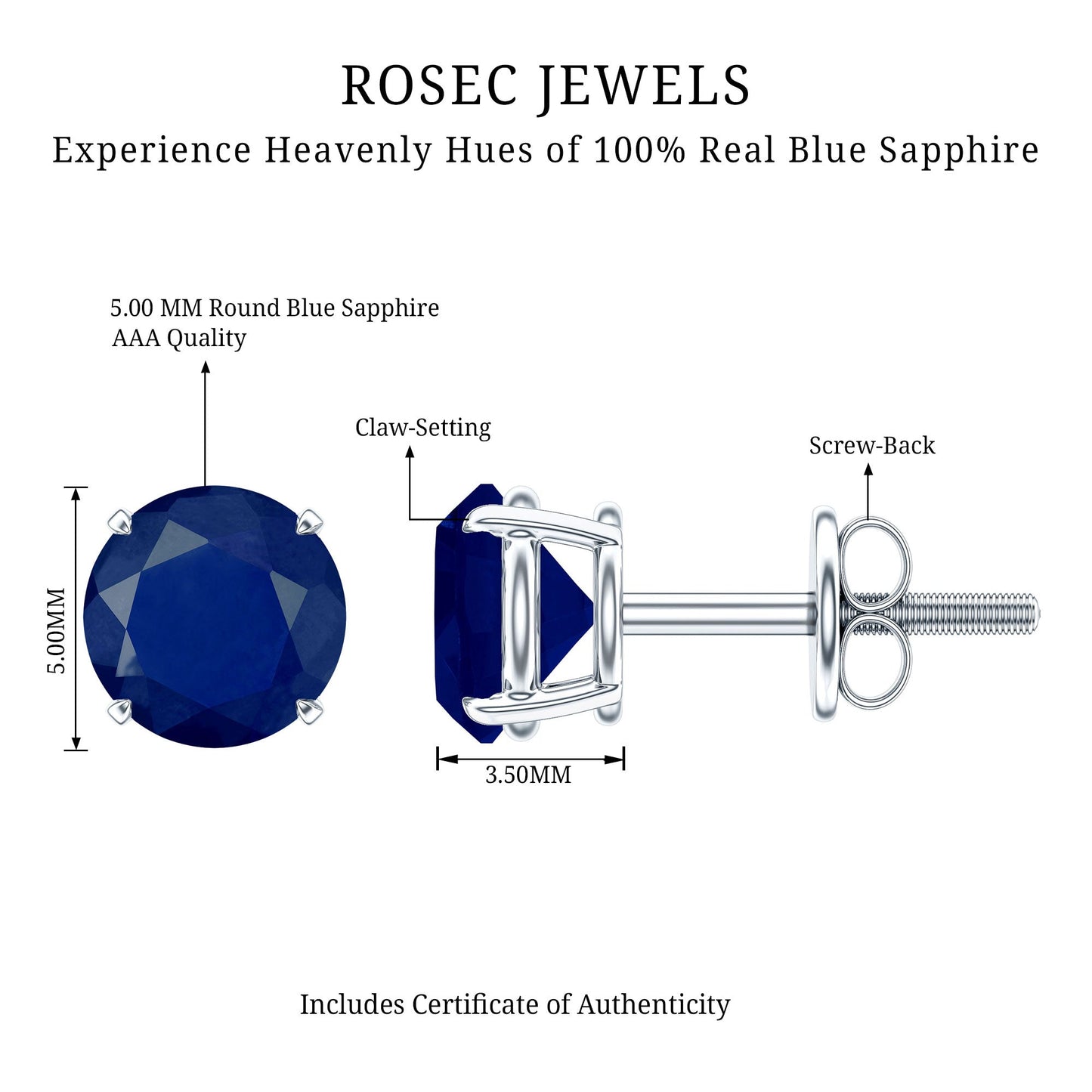 1.9 Carat Round Blue Sapphire Solitaire Stud Earrings in Claw Setting