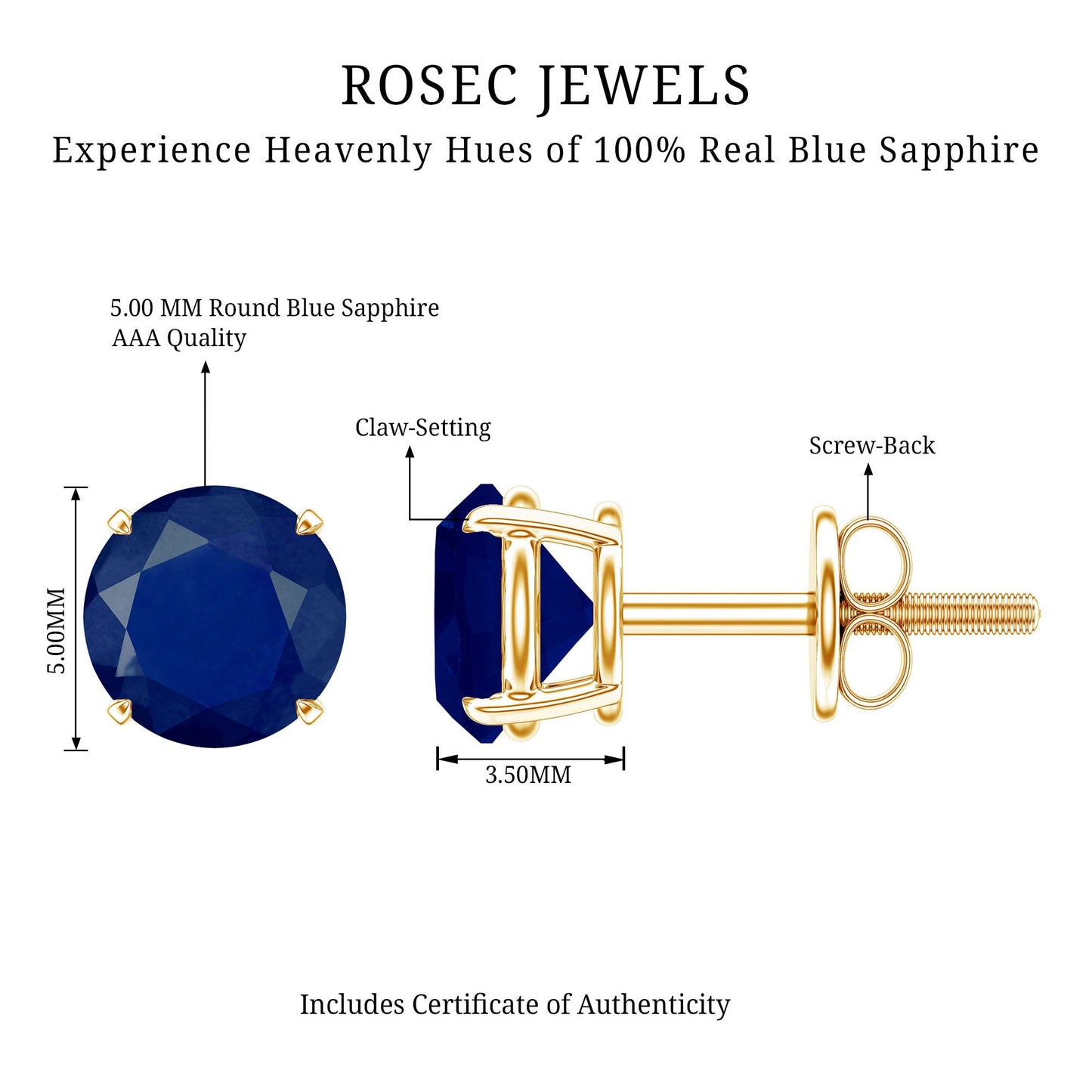 1.9 Carat Round Blue Sapphire Solitaire Stud Earrings in Claw Setting