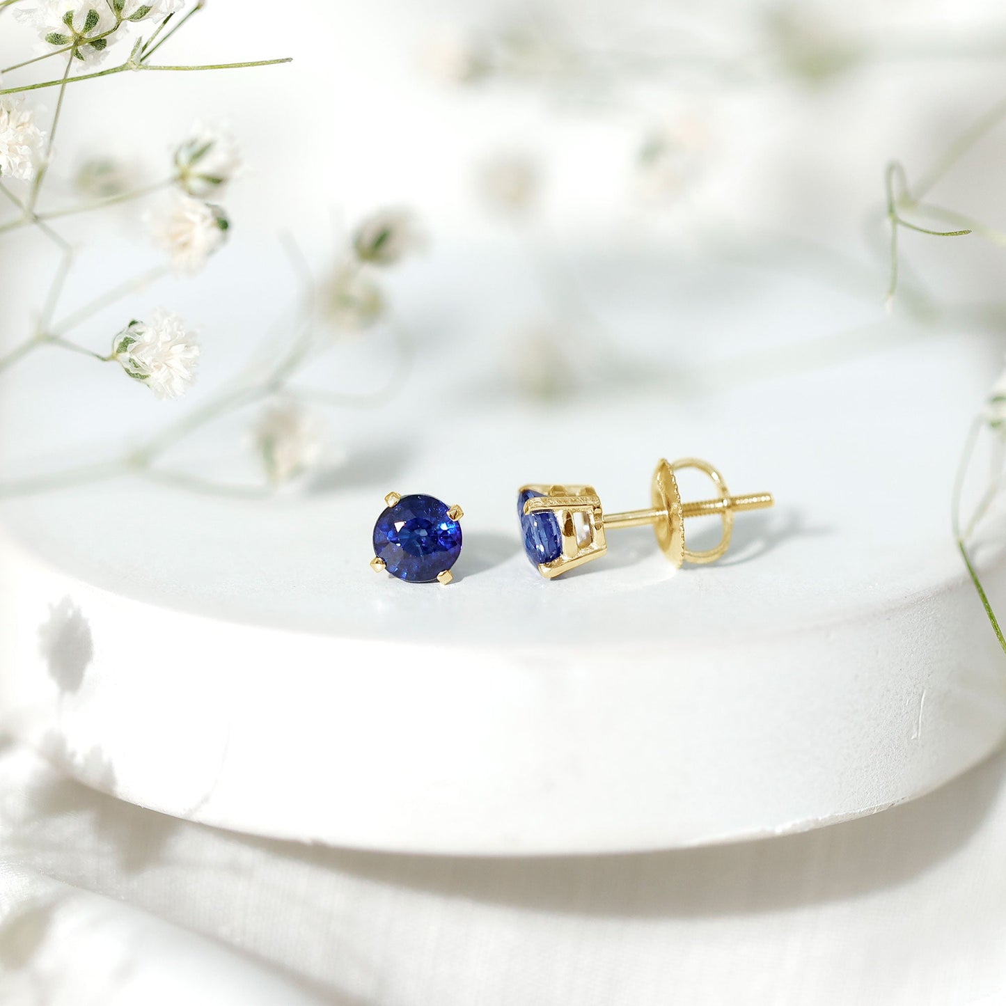1.9 Carat Round Blue Sapphire Solitaire Stud Earrings in Claw Setting