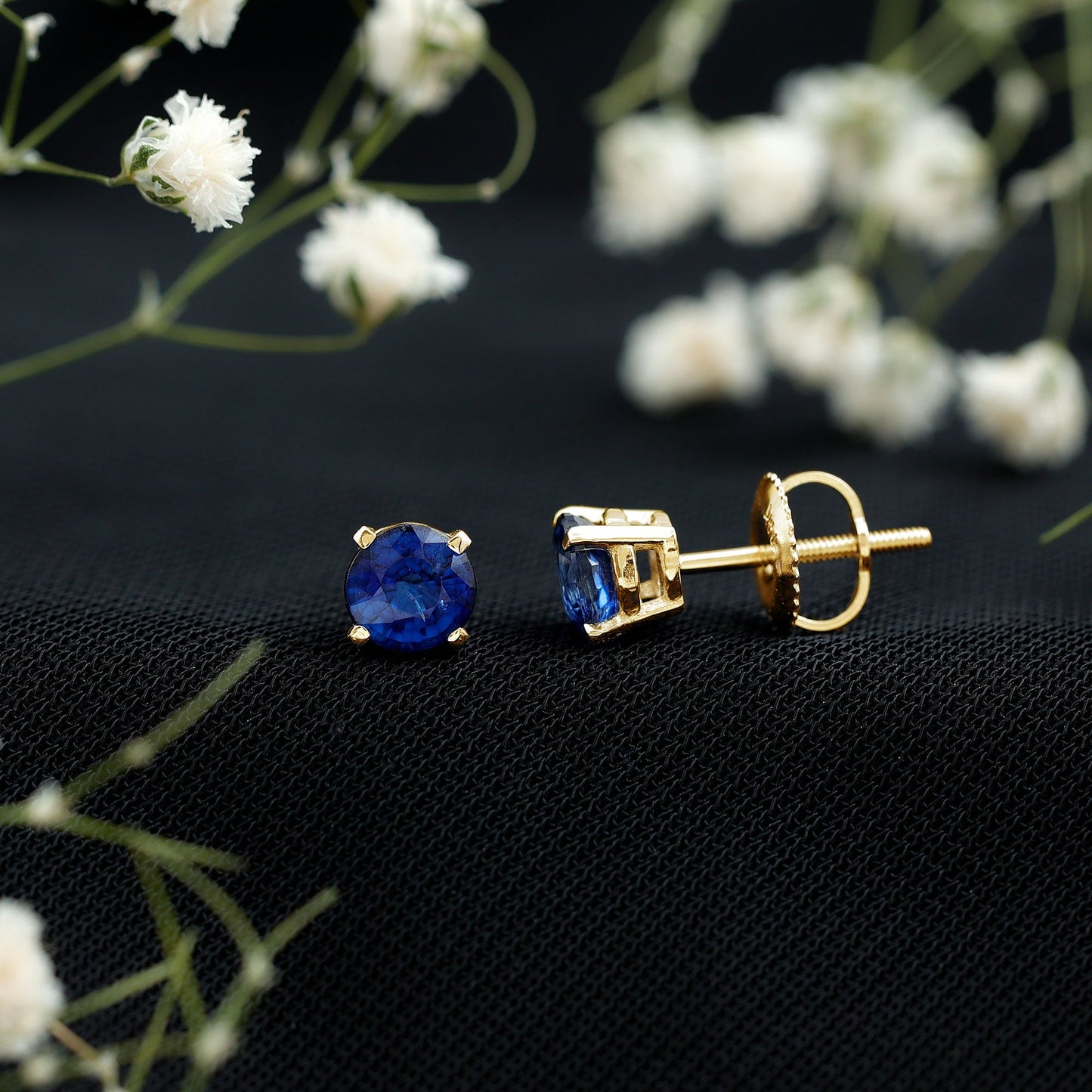 1.9 Carat Round Blue Sapphire Solitaire Stud Earrings in Claw Setting