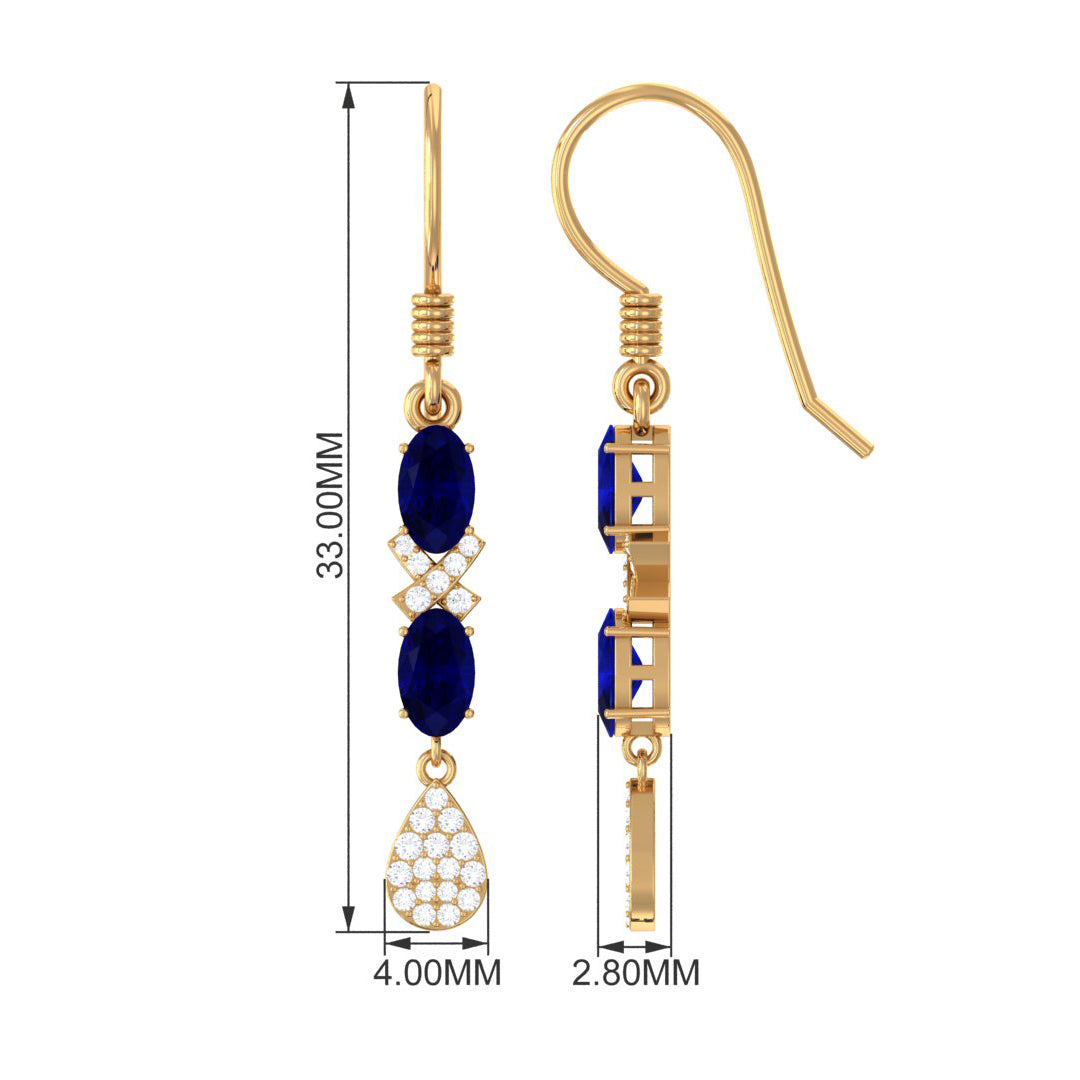 Oval Cut Blue Sapphire and Diamond Dangle Earrings