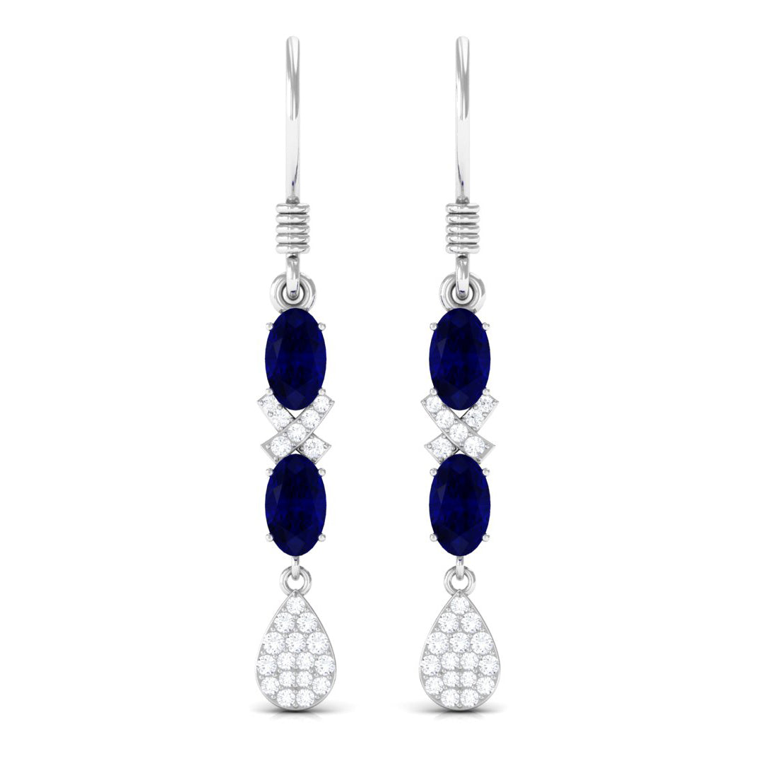 Oval Cut Blue Sapphire and Diamond Dangle Earrings