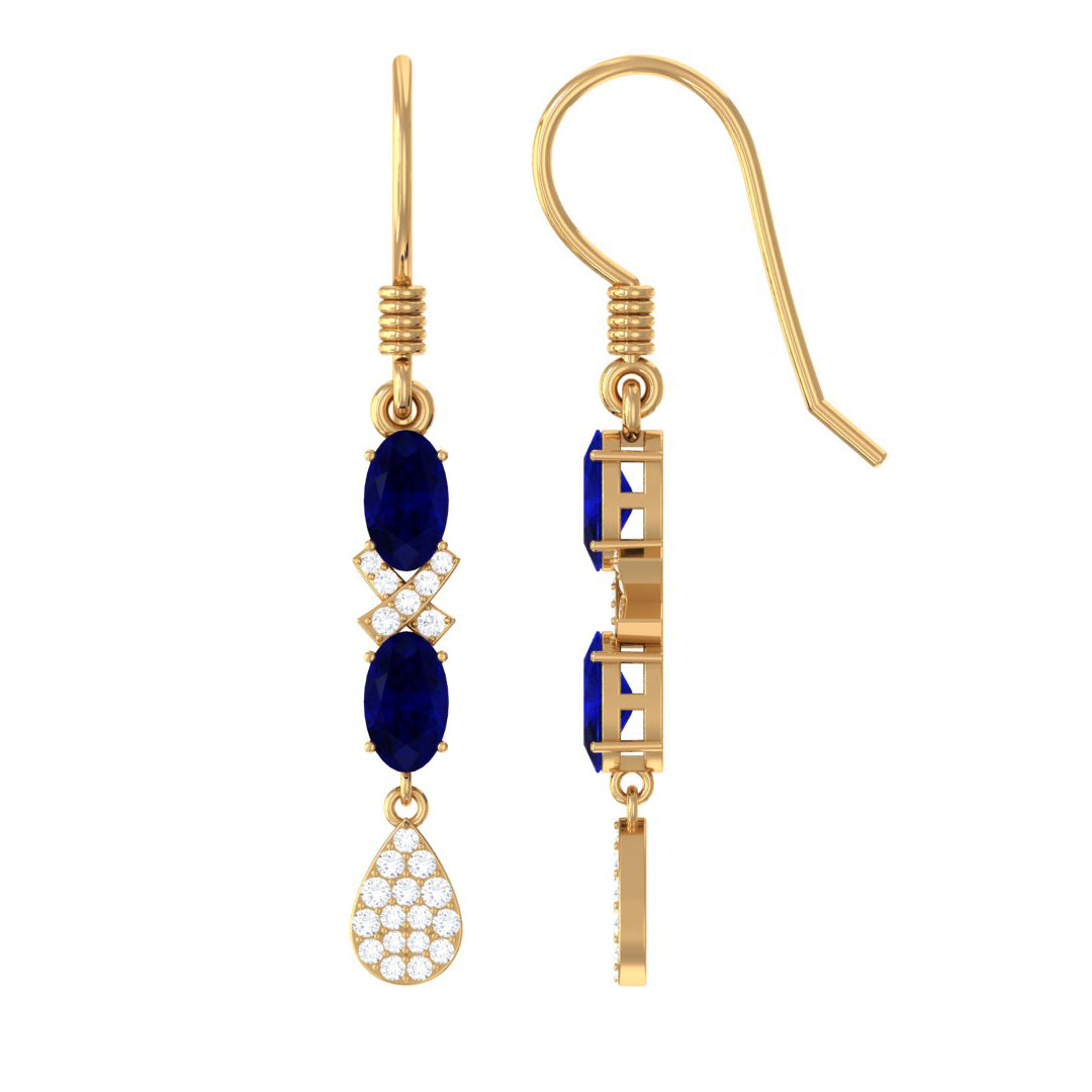 Oval Cut Blue Sapphire and Diamond Dangle Earrings