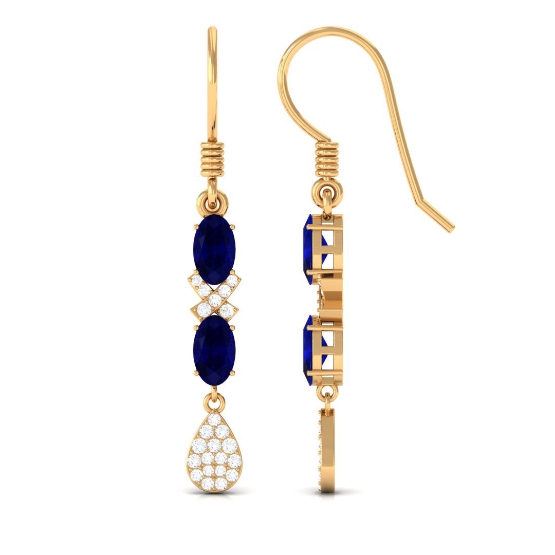 Oval Cut Blue Sapphire and Diamond Dangle Earrings