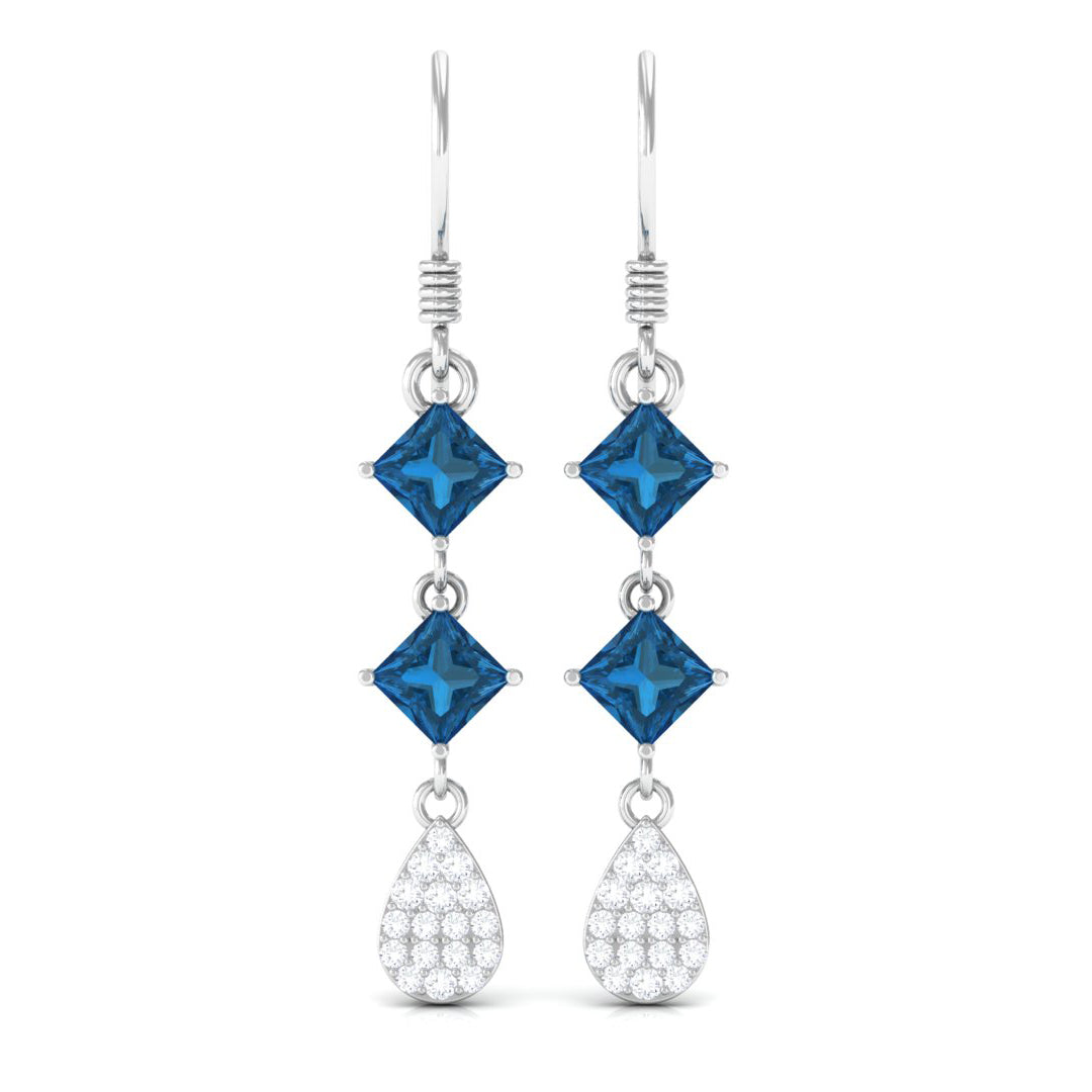 Princess Cut London Blue Topaz Dangle Earrings With Diamond