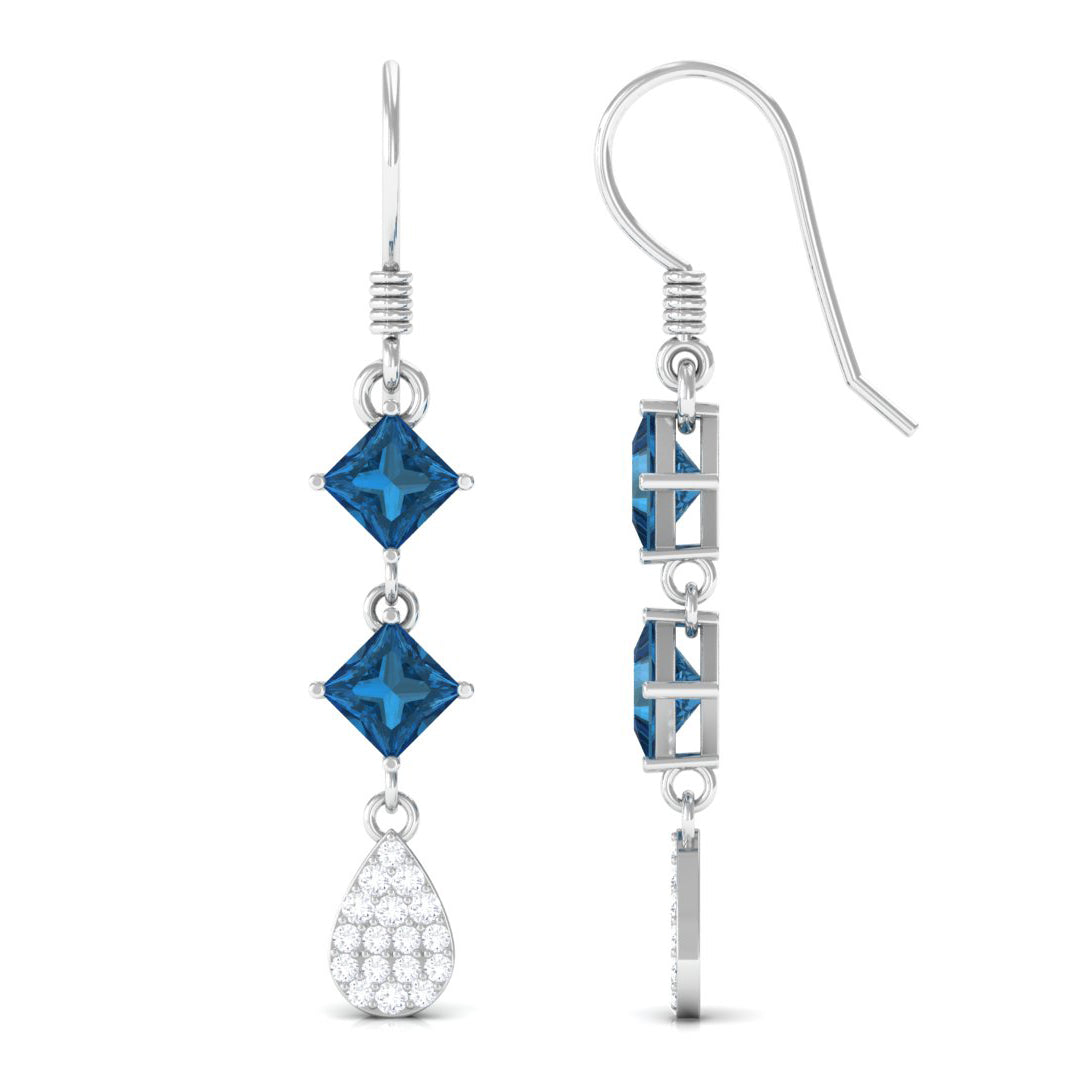 Princess Cut London Blue Topaz Dangle Earrings With Diamond