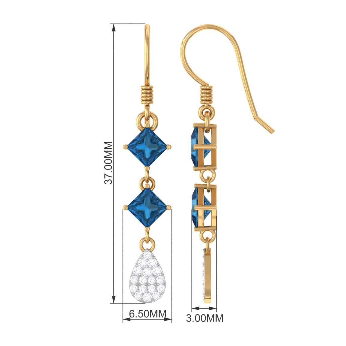 Princess Cut London Blue Topaz Dangle Earrings With Diamond