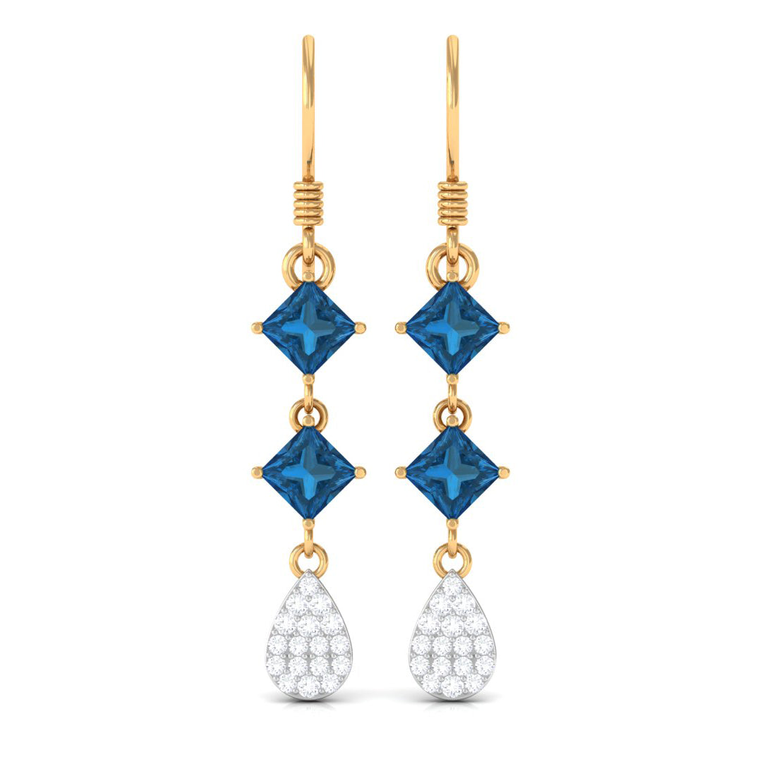 Princess Cut London Blue Topaz Dangle Earrings With Diamond
