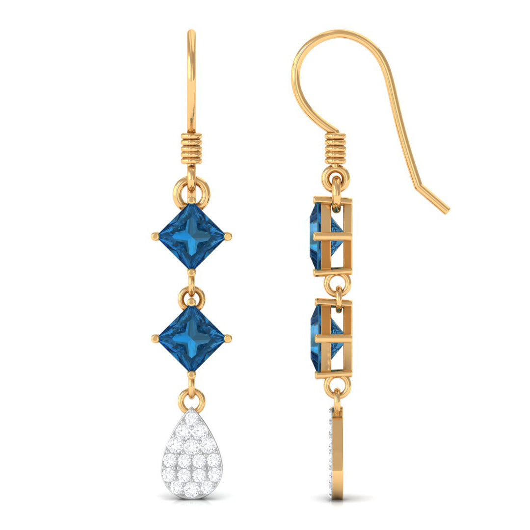 Princess Cut London Blue Topaz Dangle Earrings With Diamond