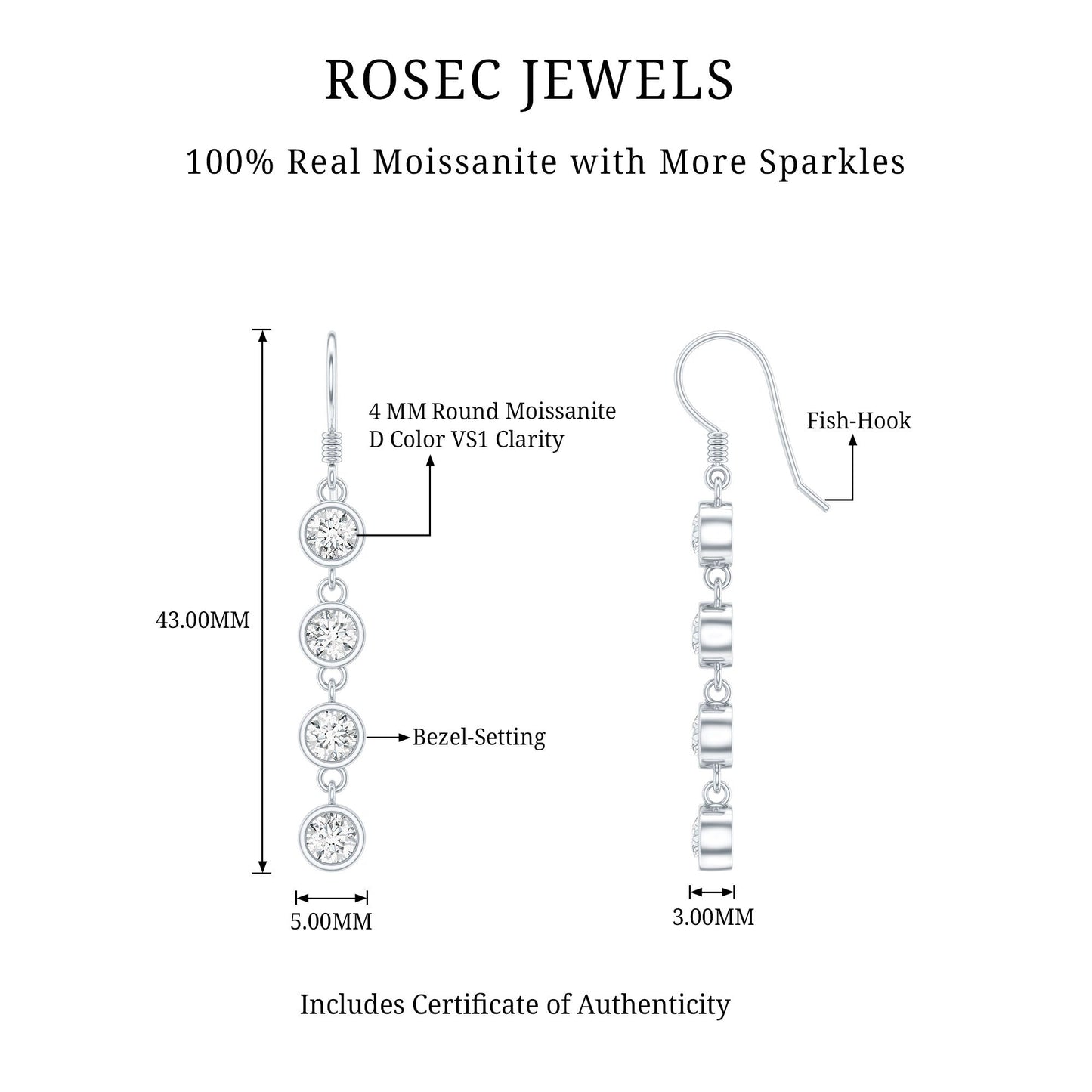 Bezel Set Round Moissanite Simple Dangle Earrings