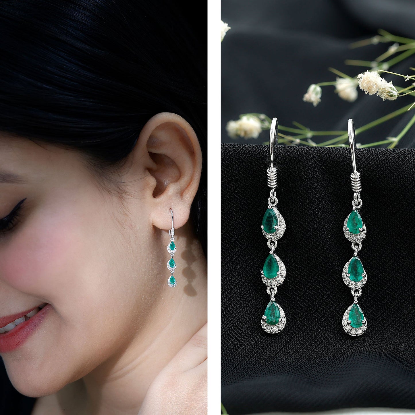 Pear Cut Emerald Dangle Earrings with Diamond