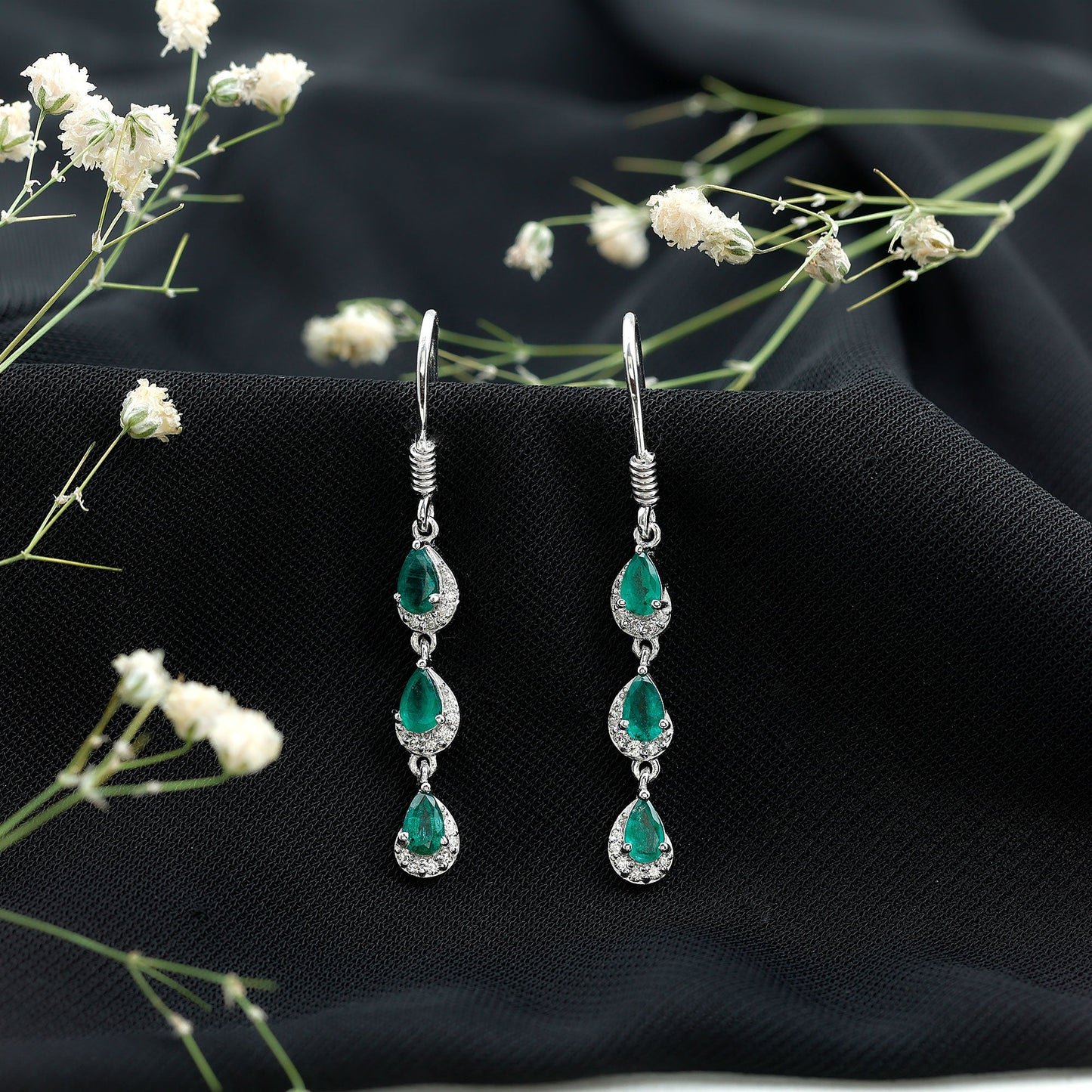Pear Cut Emerald Dangle Earrings with Diamond