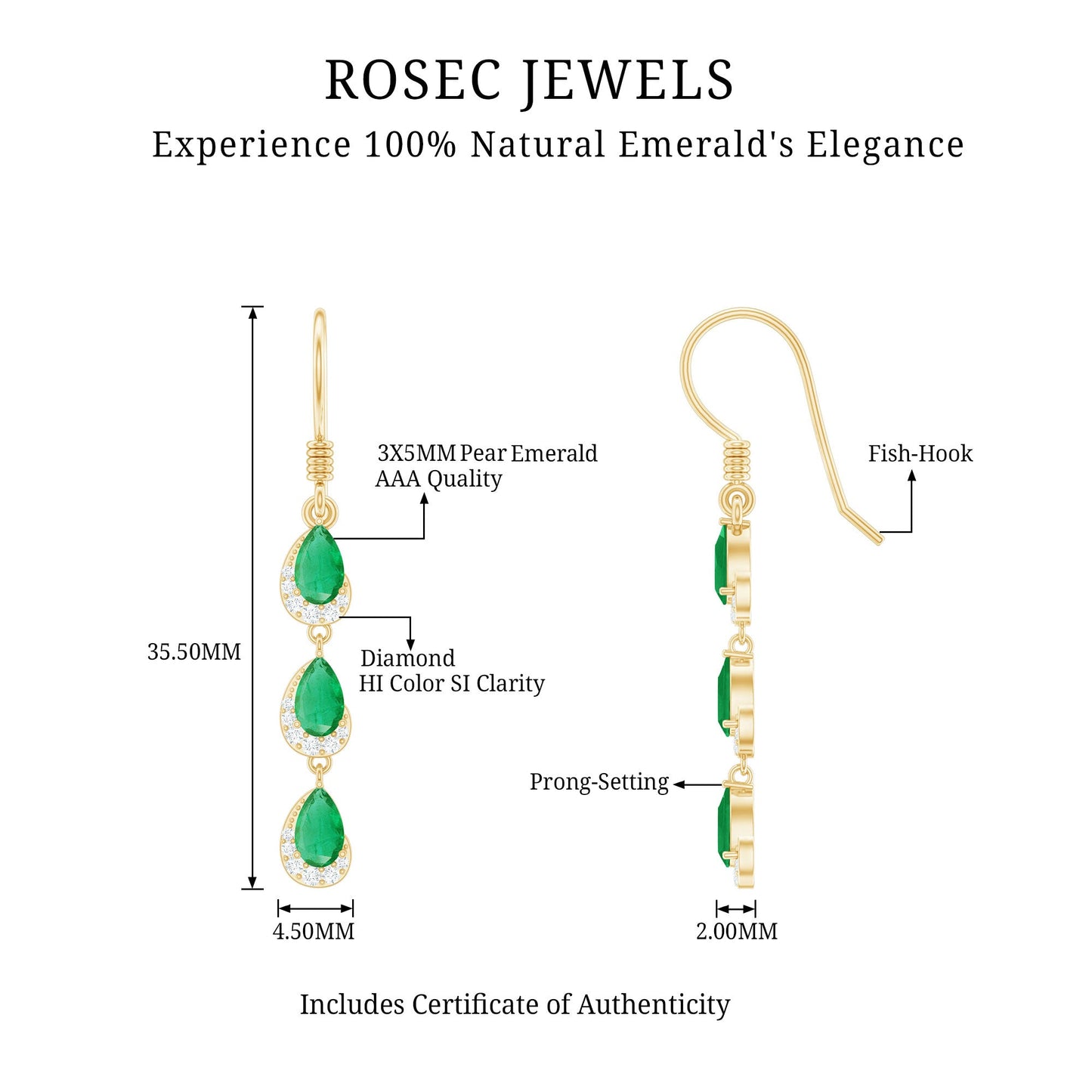 Pear Cut Emerald Dangle Earrings with Diamond