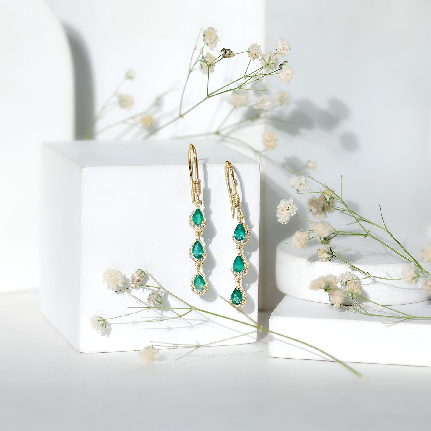 Pear Cut Emerald Dangle Earrings with Diamond