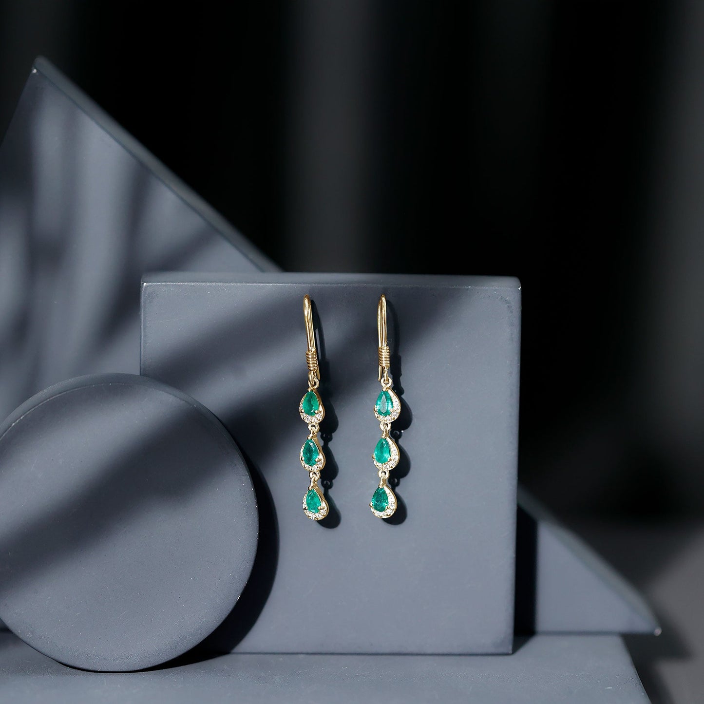 Pear Cut Emerald Dangle Earrings with Diamond