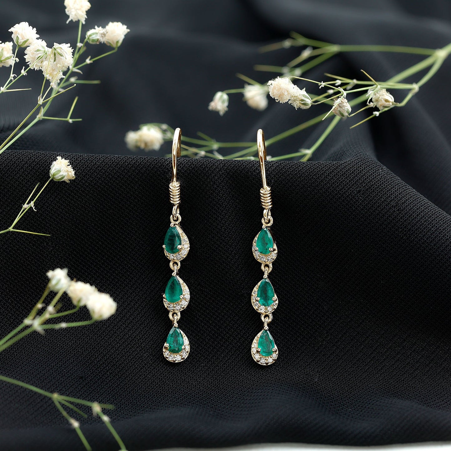 Pear Cut Emerald Dangle Earrings with Diamond