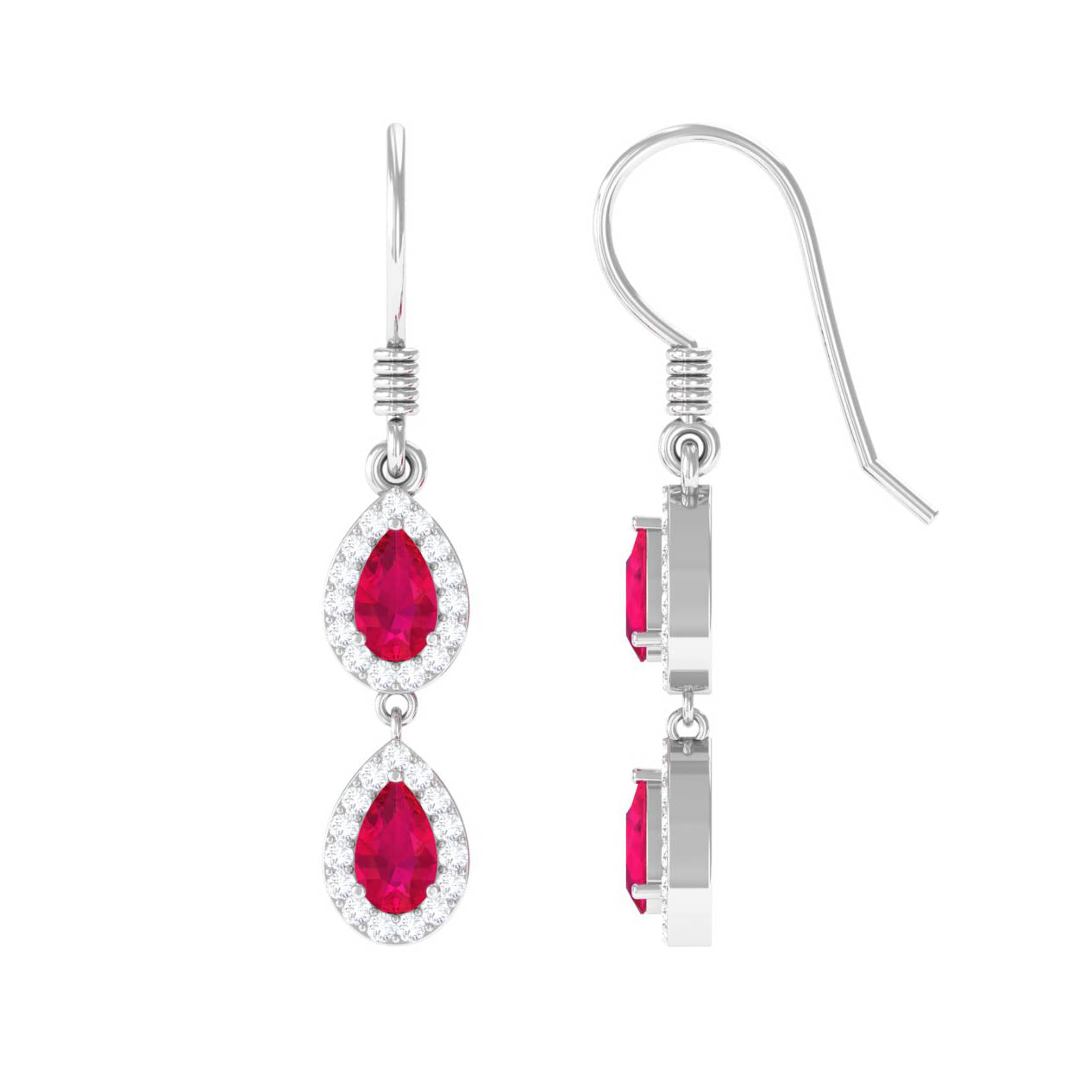 Real Pear Shape Ruby Dangle Earrings with Diamond
