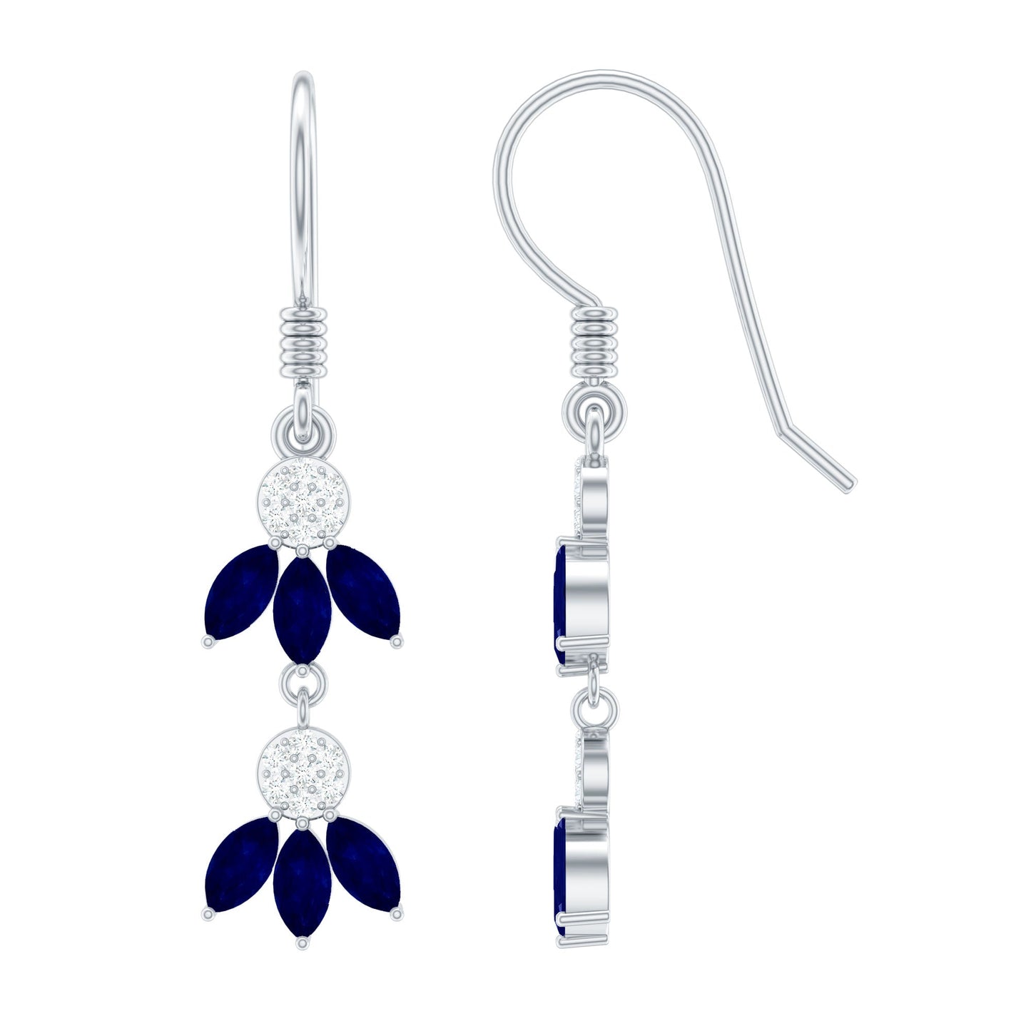 Natural Blue Sapphire and Diamond Leaf Dangle Earrings