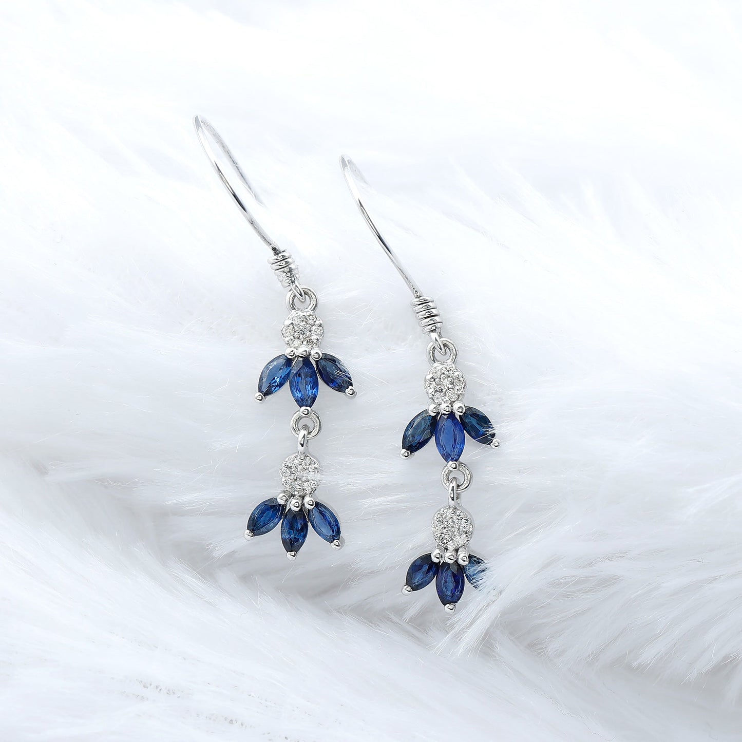 Natural Blue Sapphire and Diamond Leaf Dangle Earrings