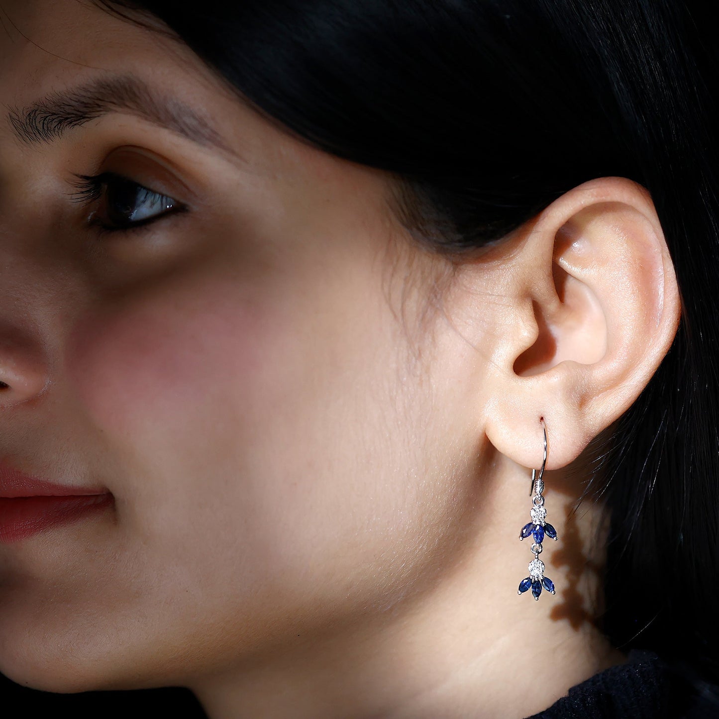 Natural Blue Sapphire and Diamond Leaf Dangle Earrings