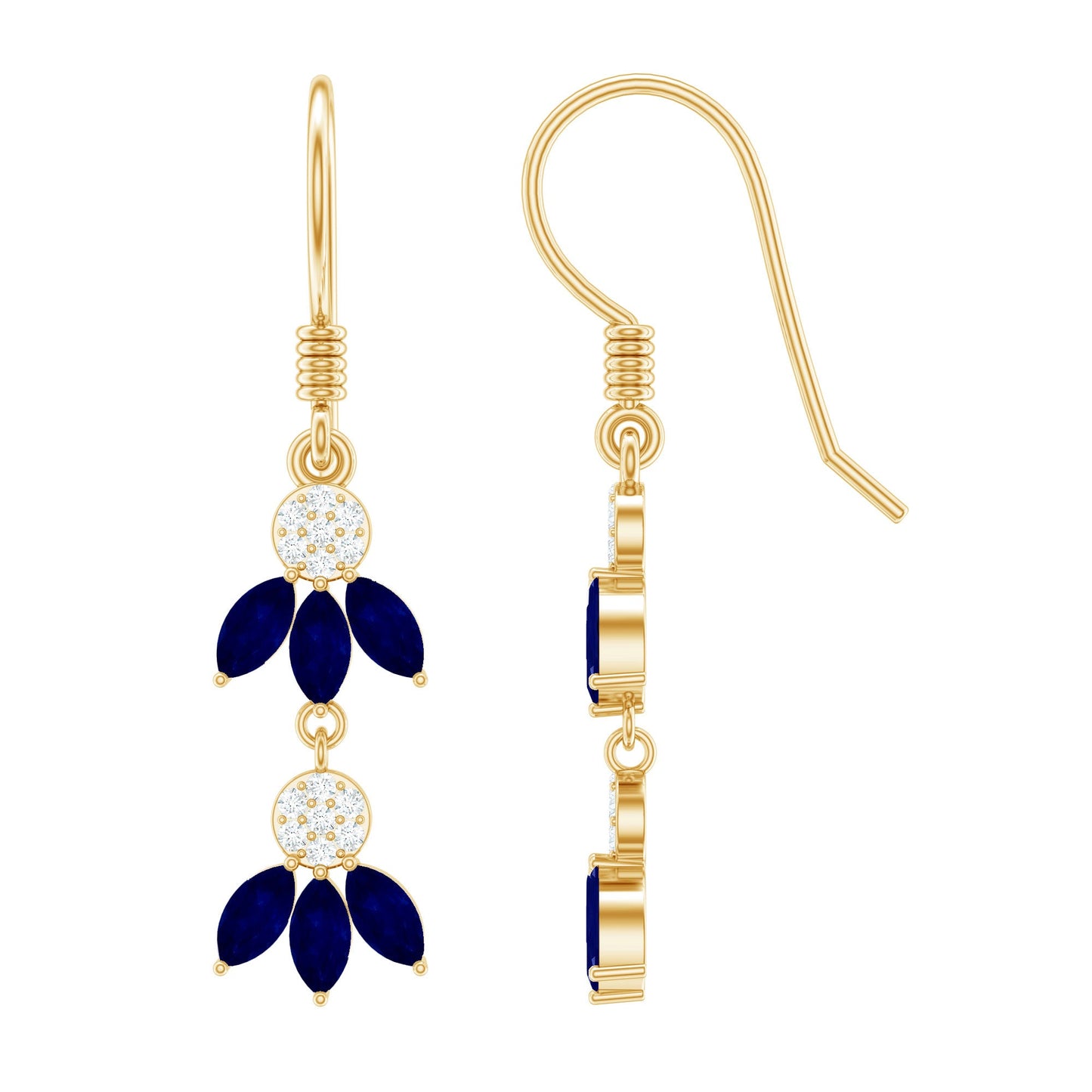 Natural Blue Sapphire and Diamond Leaf Dangle Earrings
