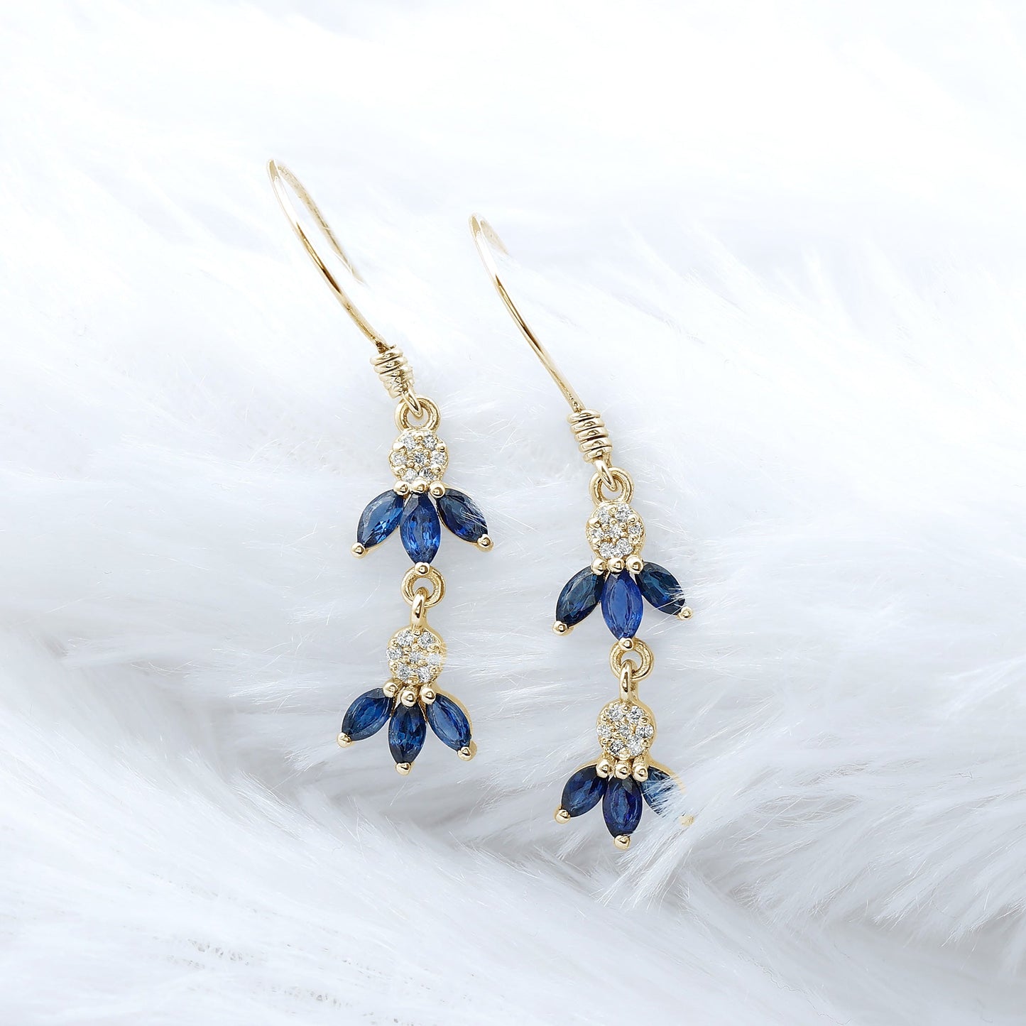Natural Blue Sapphire and Diamond Leaf Dangle Earrings
