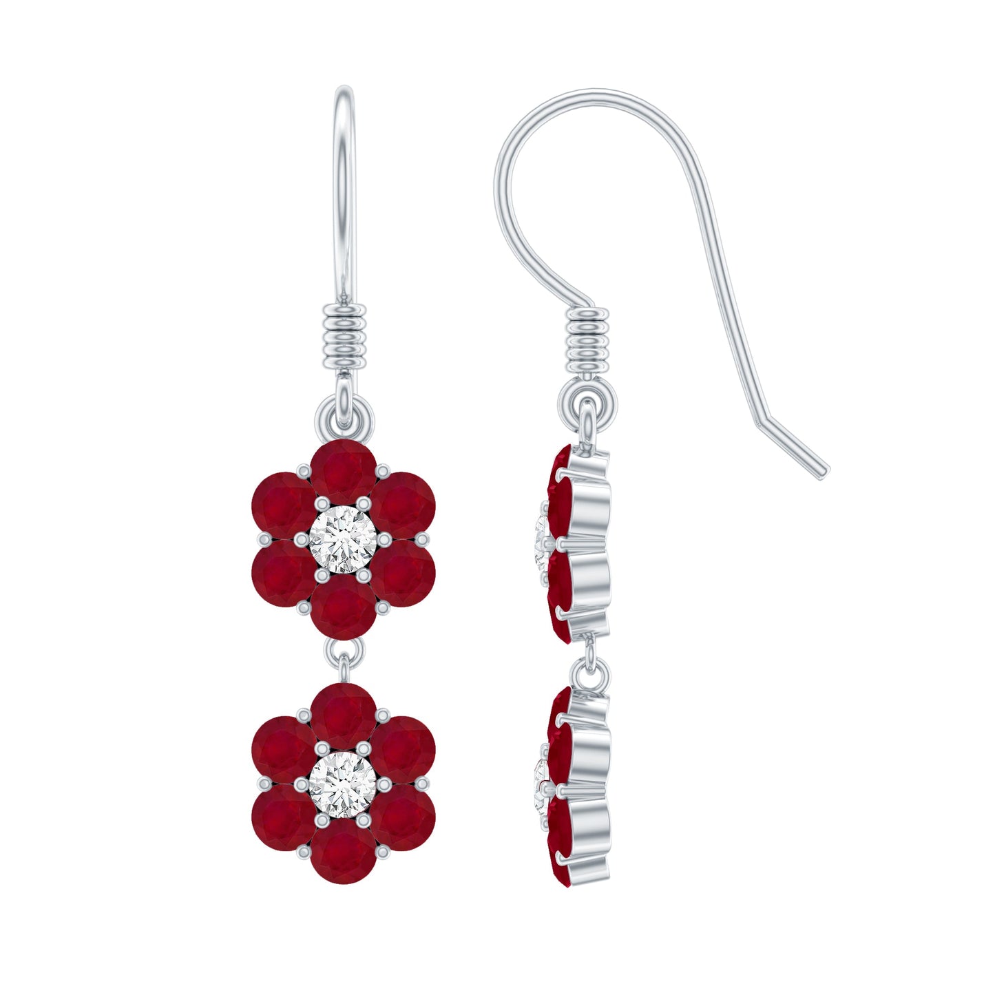 Natural Ruby Flower Dangle Earrings with Fish Hook