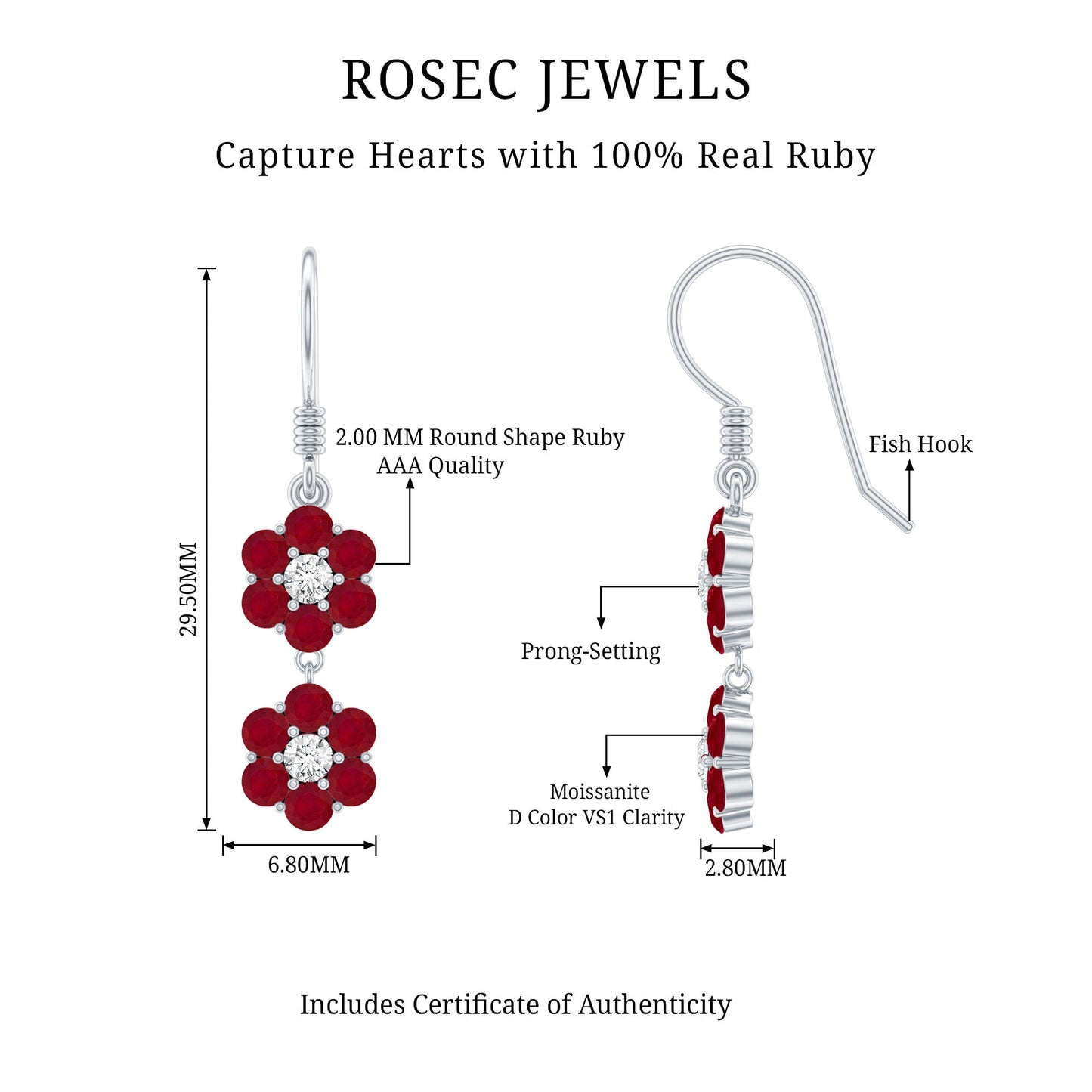 Natural Ruby Flower Dangle Earrings with Fish Hook